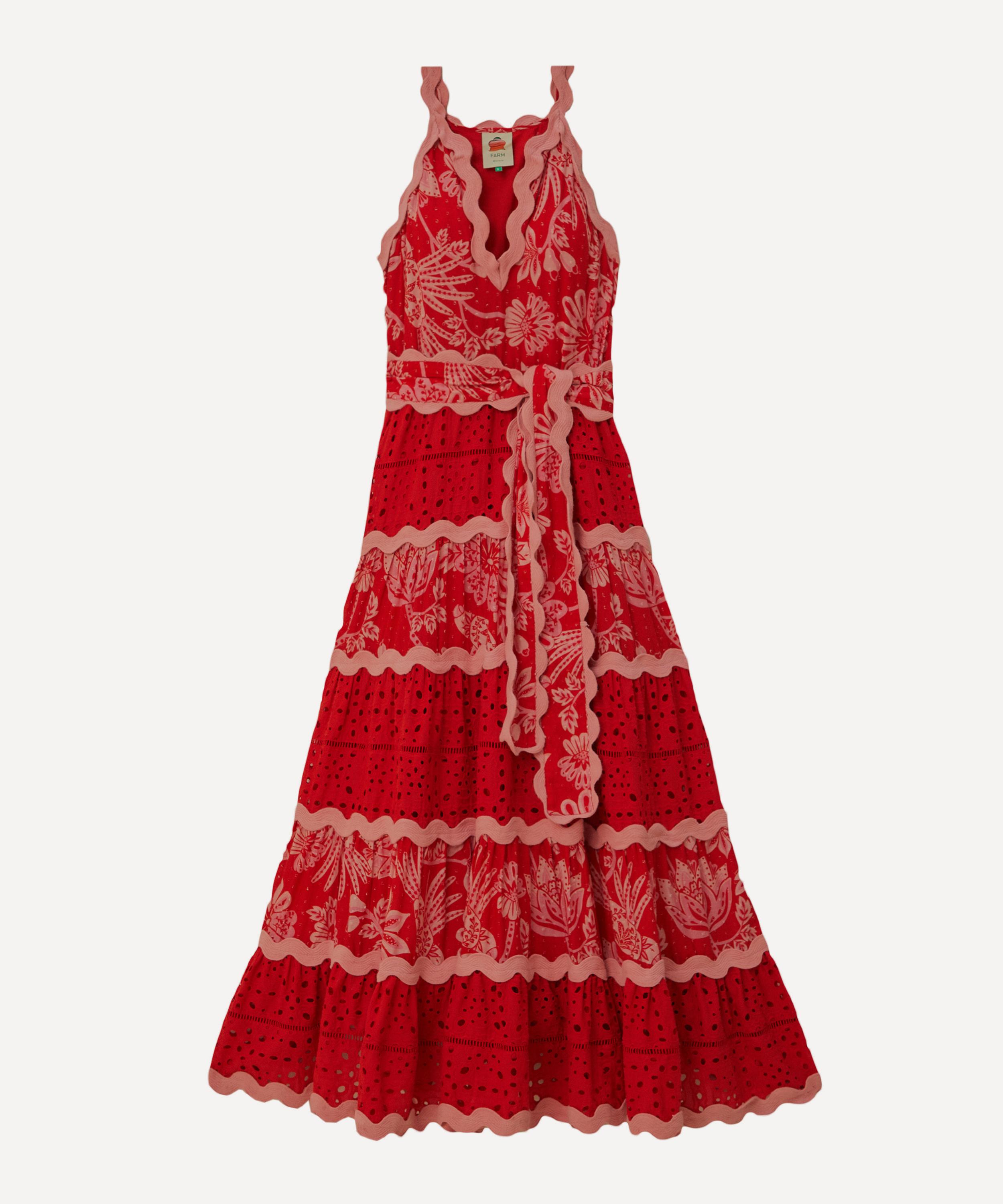 Farm Rio Women's Flowerful Birds Red Mix Maxi-dress