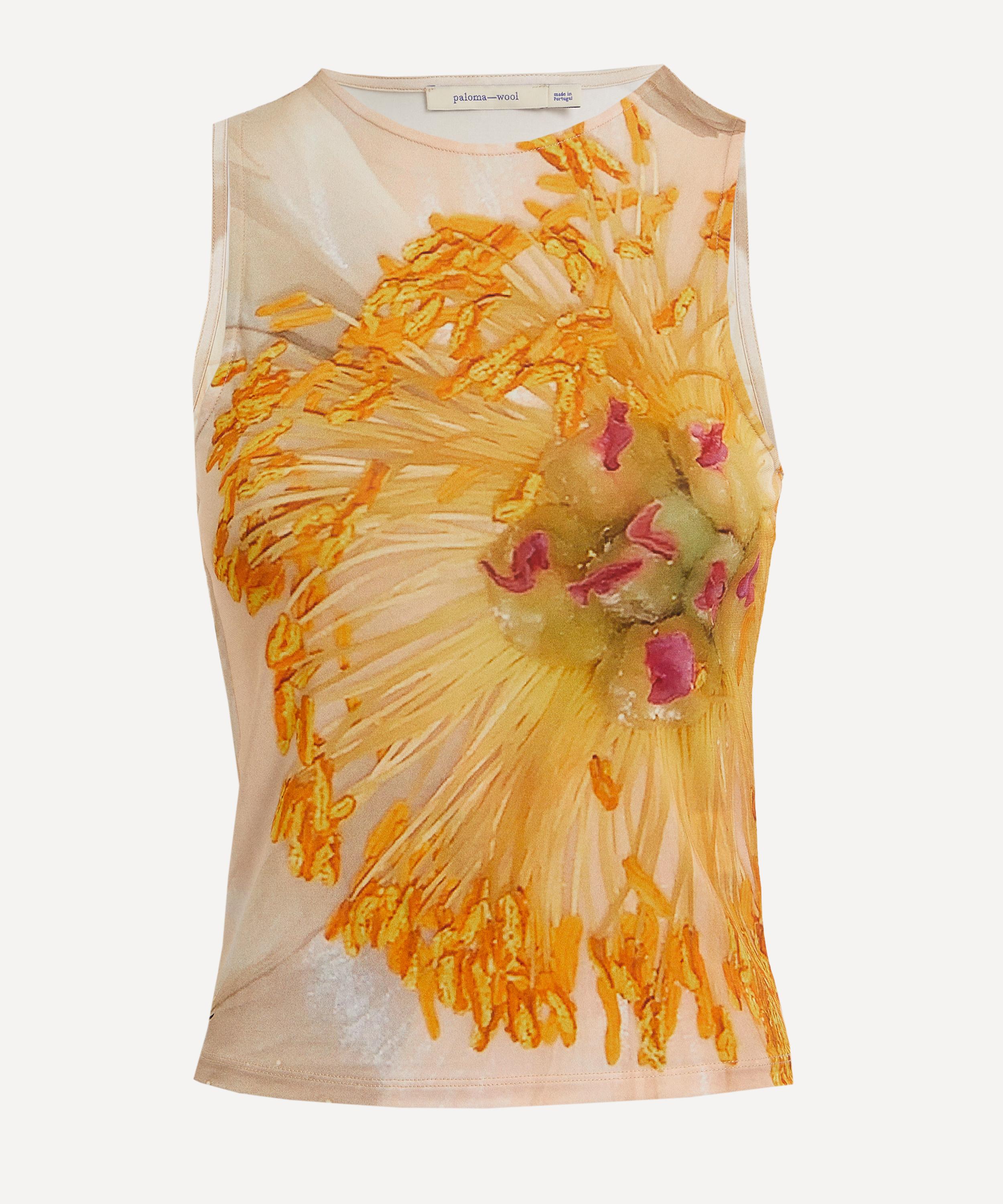 Paloma Wool Women's Peonia Semi-Sheer Fitted Top Ecru Small Floral Peony Design Form-Fitting Slim Fit Sleeveless with Round Neckline Orange