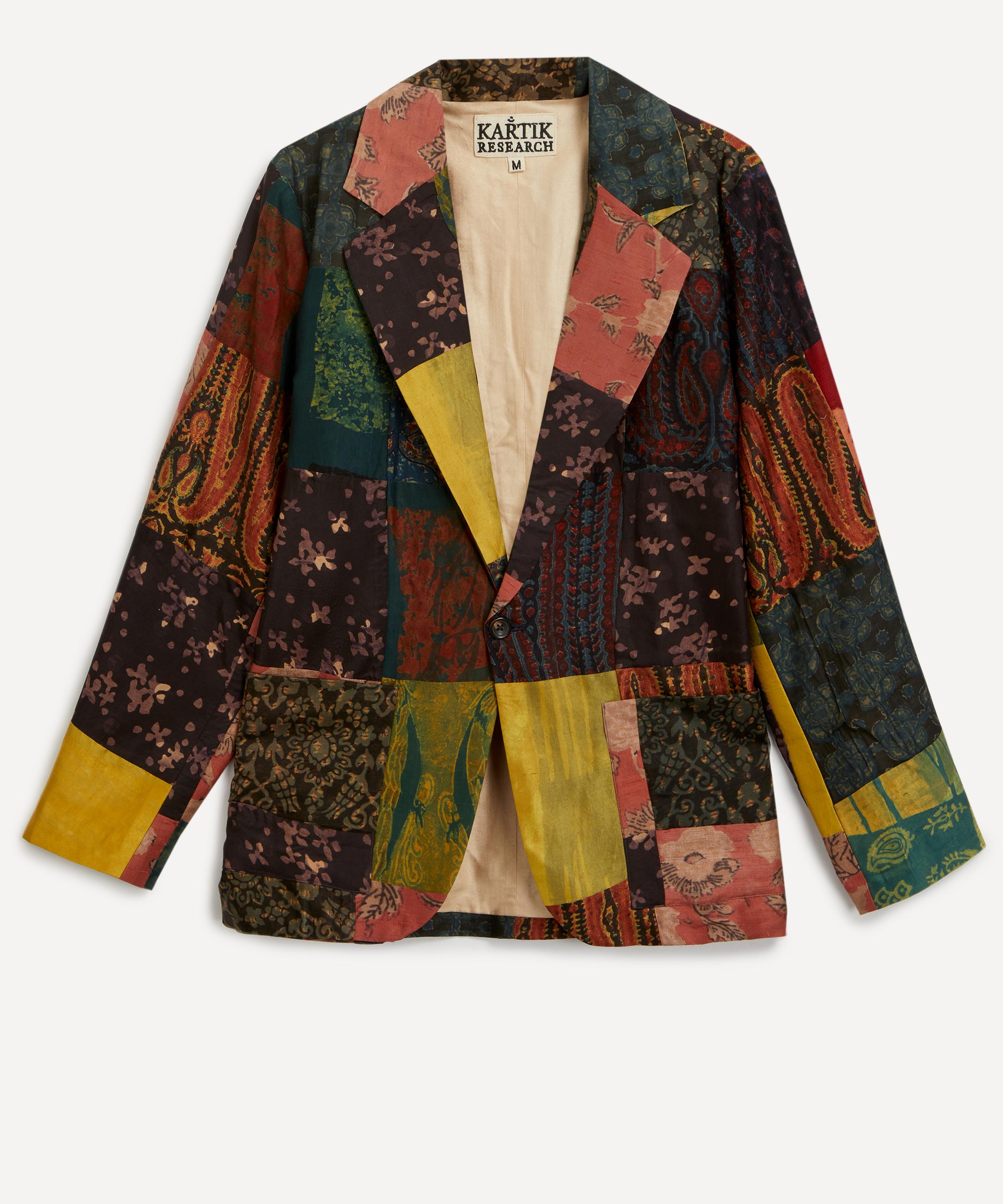 Kartik Research Mens Patchwork Silk Single-Button Blazer Multi