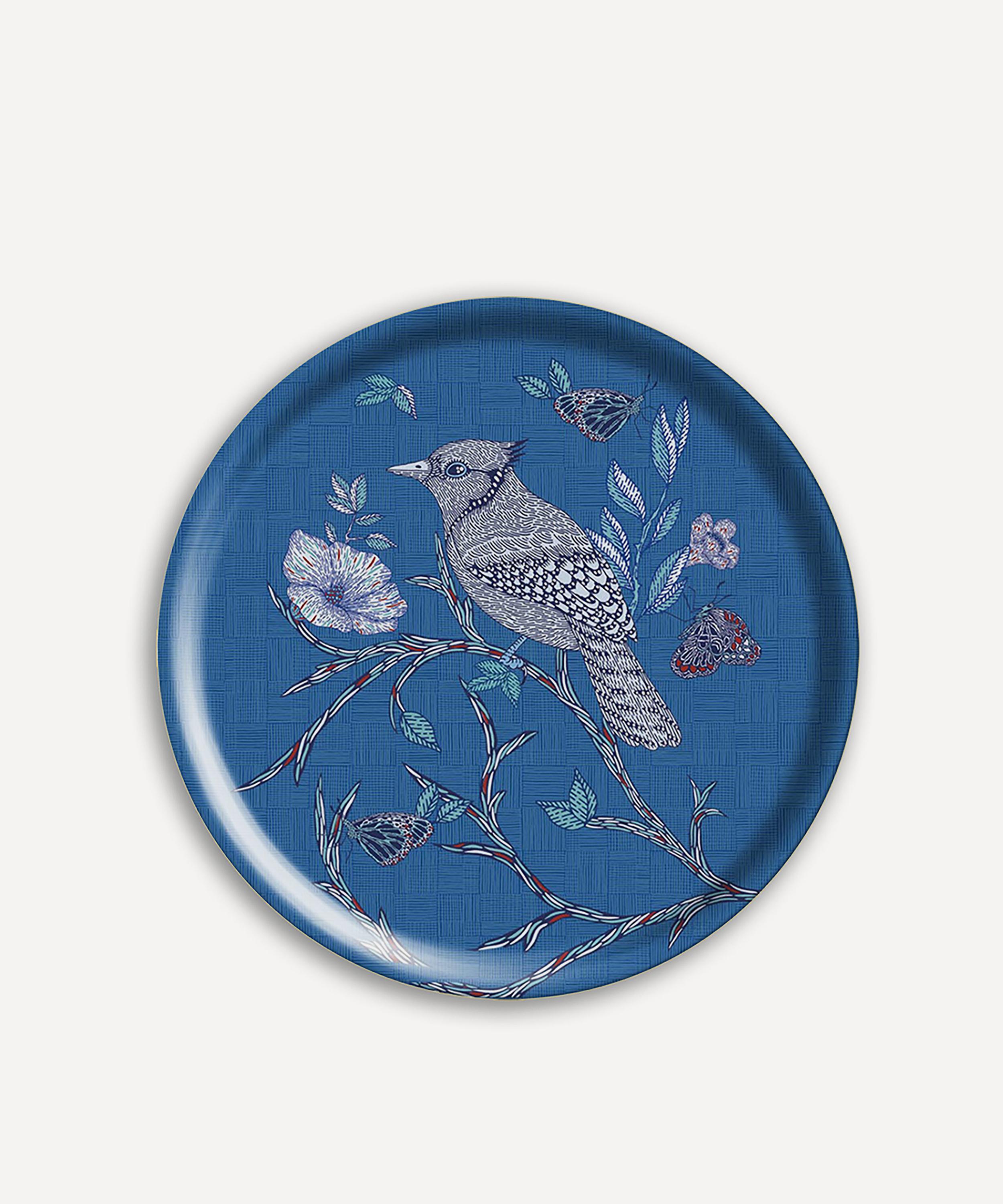 Avenida Home Indigo Birds Small Round Birch Tray