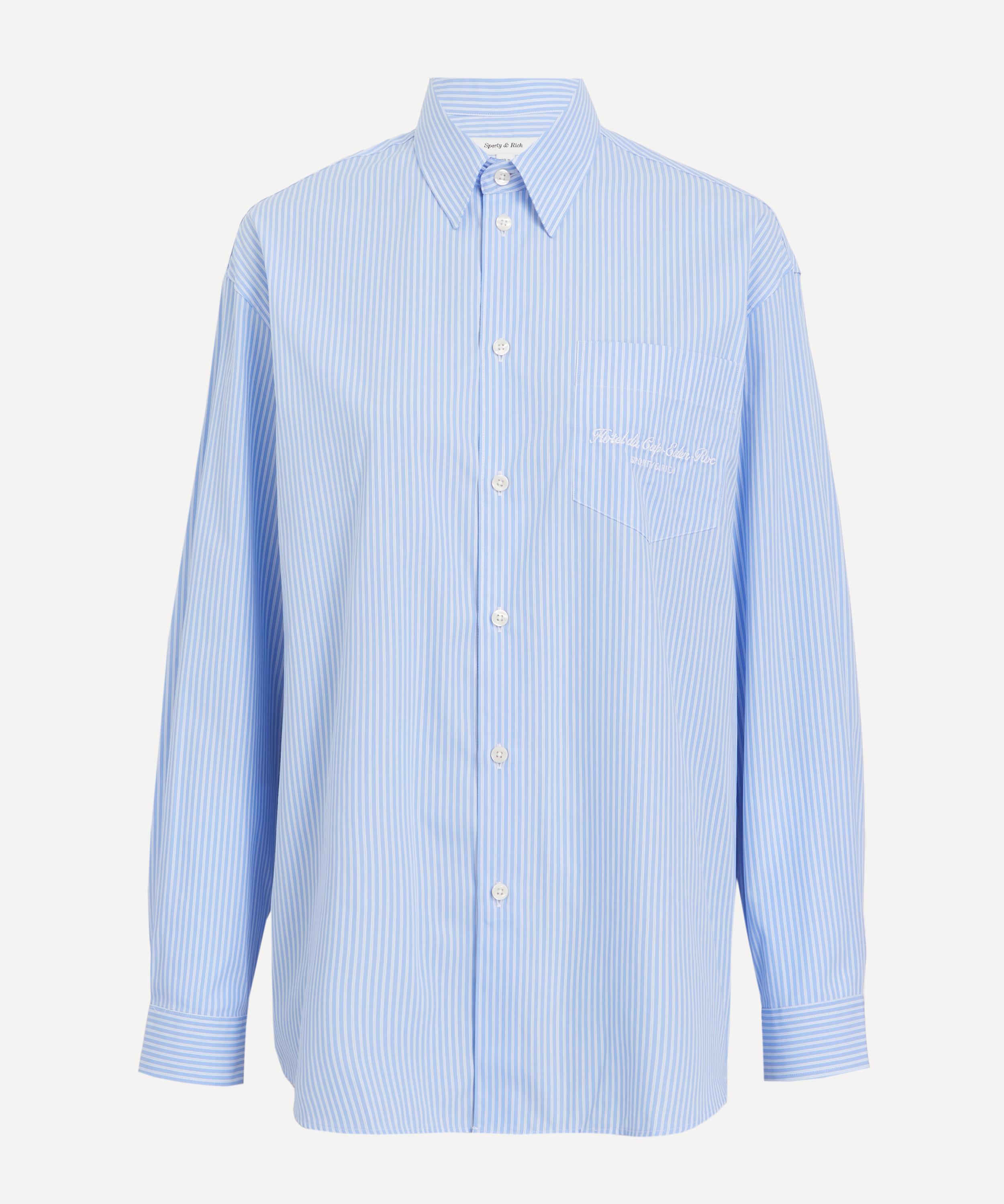 Sporty & Rich Women's Hotel du Cap Cursive Poplin Oversized Shirt Blue Striped