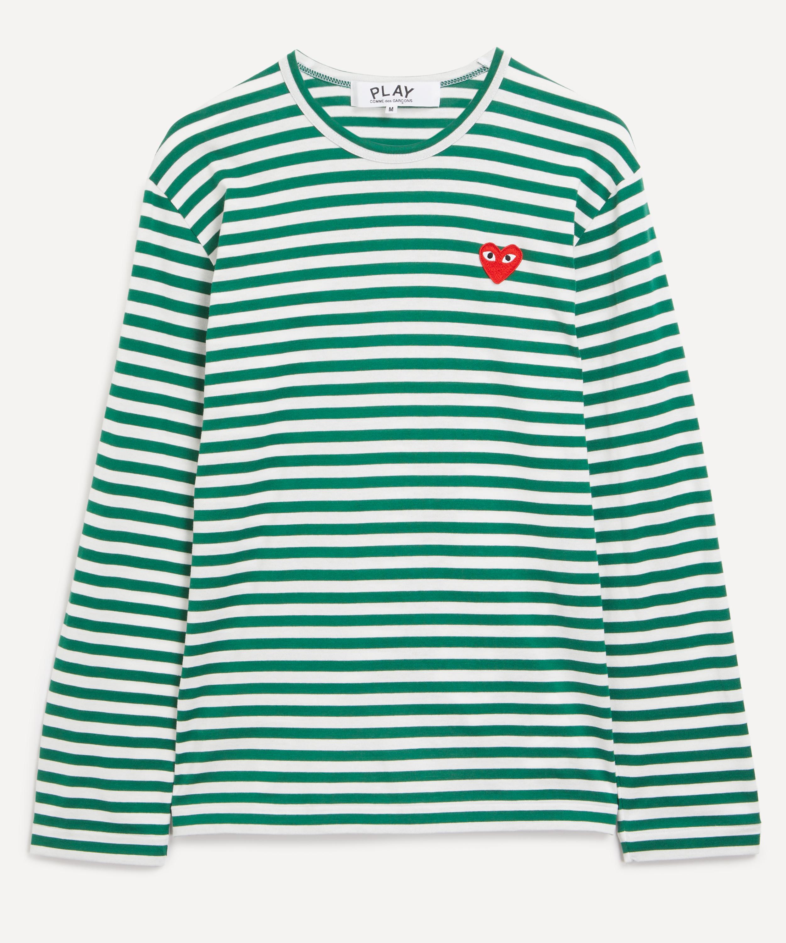 Comme des Garcons Play Mens Green Striped Red Heart T-Shirt Small