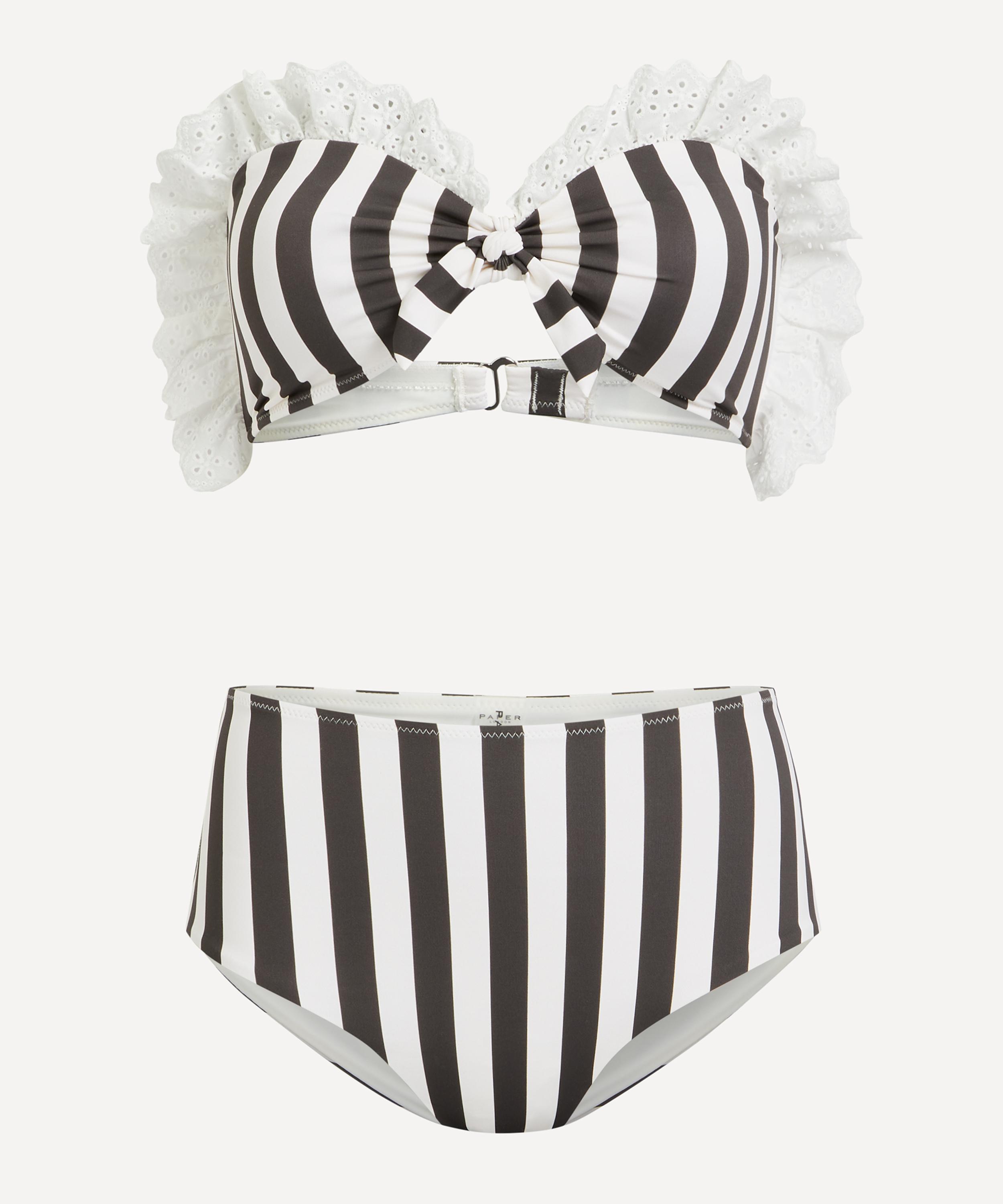 PAPER LONDON Women's Get In Line Ruffle Bandeau Bikini Black / White