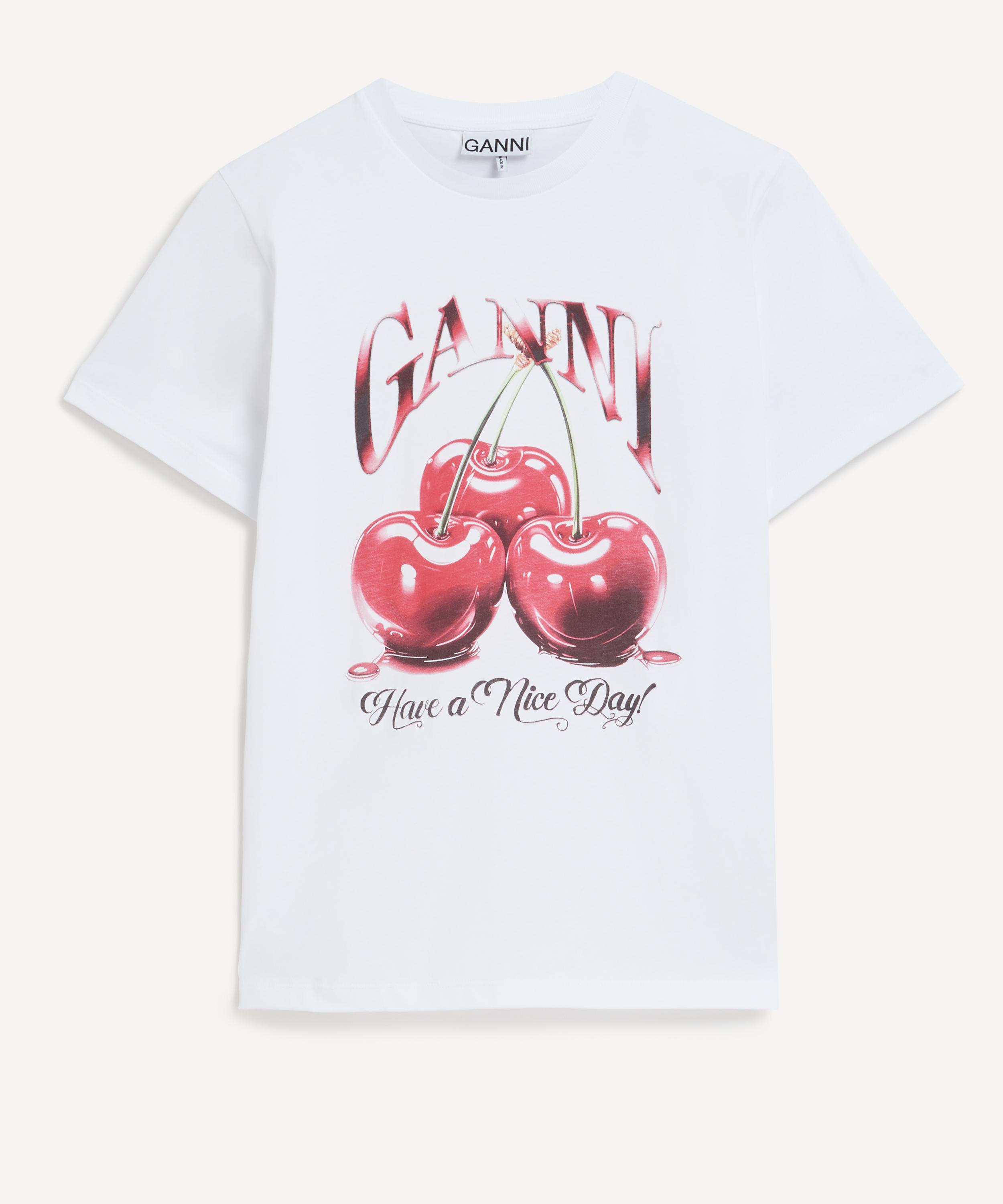 Ganni White T-shirt With Cherry Print And Logo Lettering On The Front In Cotton Woman