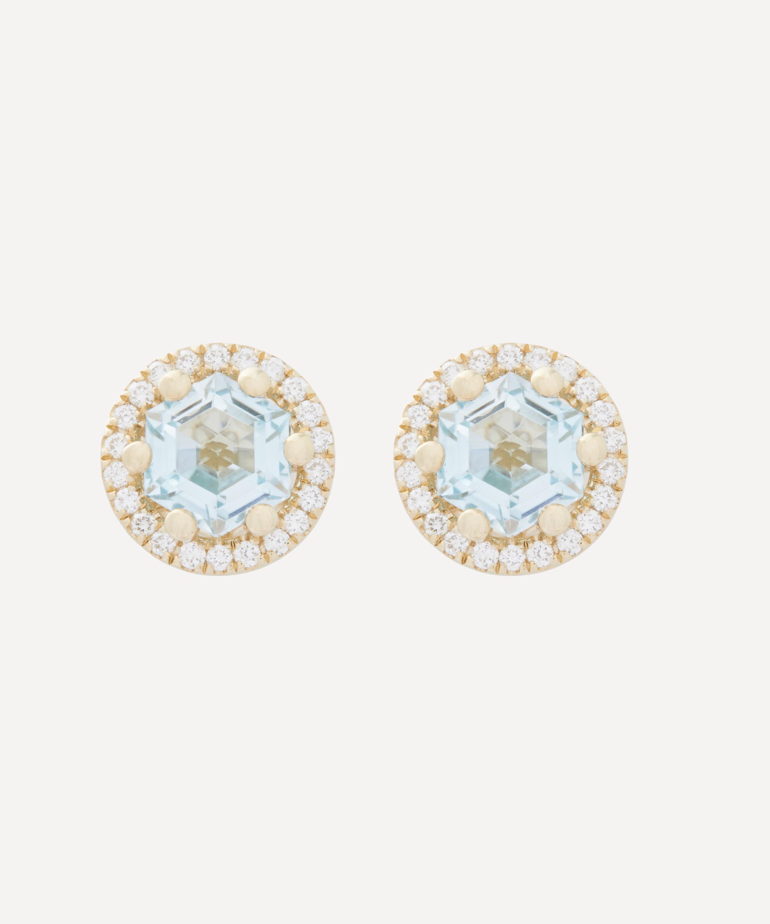 Suzanne Kalan 14ct Gold Halo Blue Topaz Hex Stud Earrings In Gold