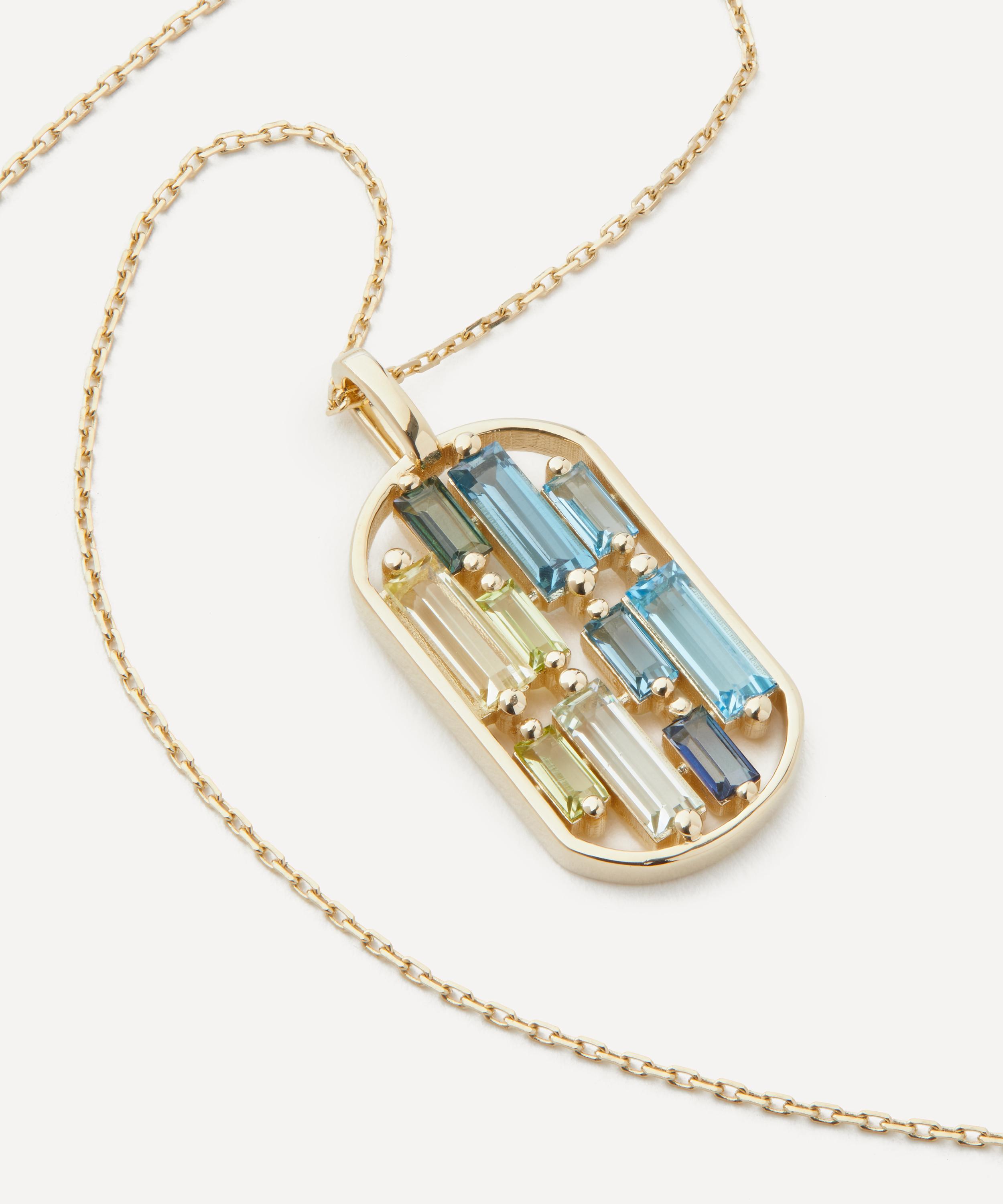 Suzanne Kalan 14ct Gold Open Inlay Blue Green Topaz Dog Tag Pendant Necklace