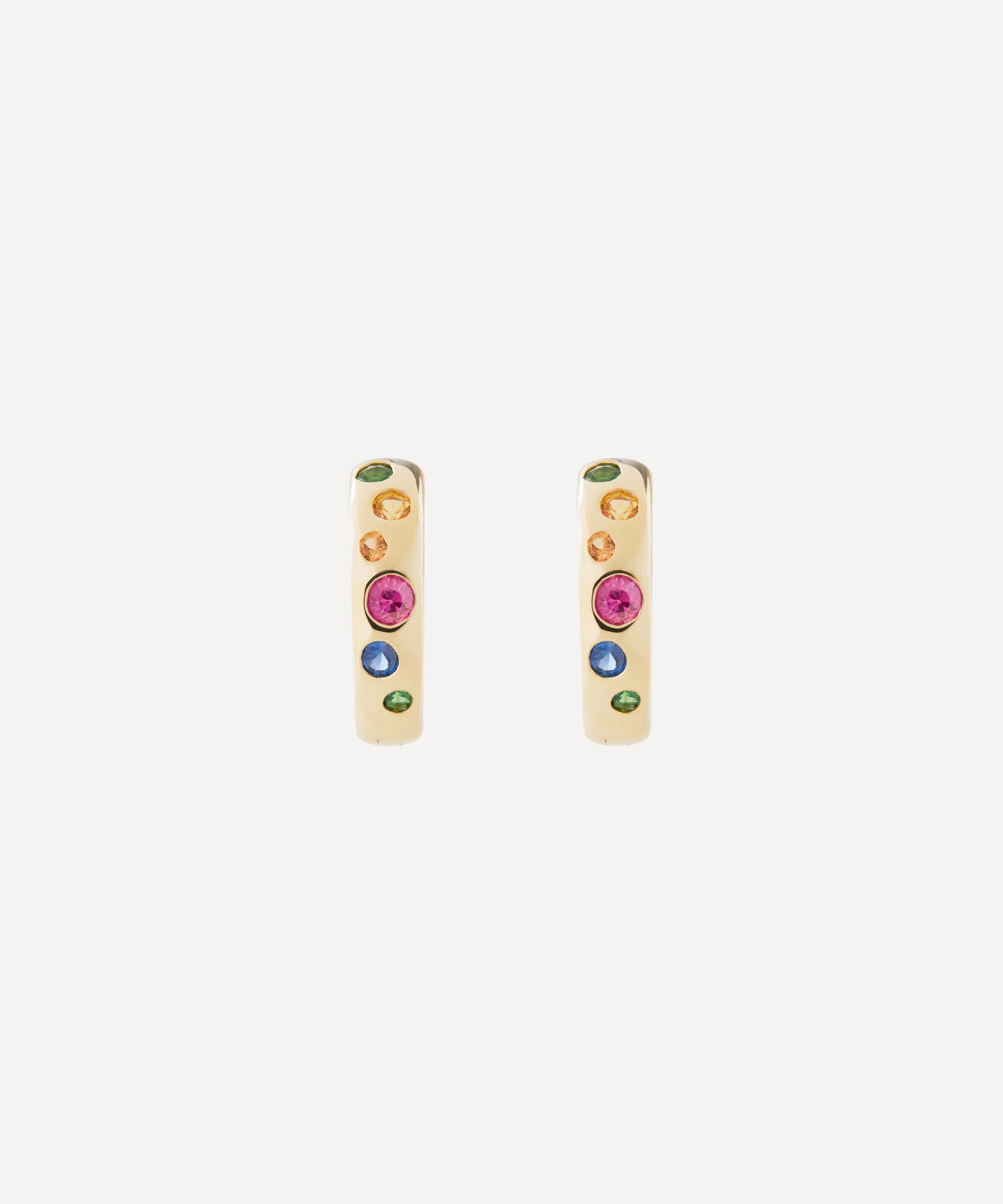 Roxanne First 14ct Gold Rainbow Sapphire Sprinkle Hoop Earrings In Gold