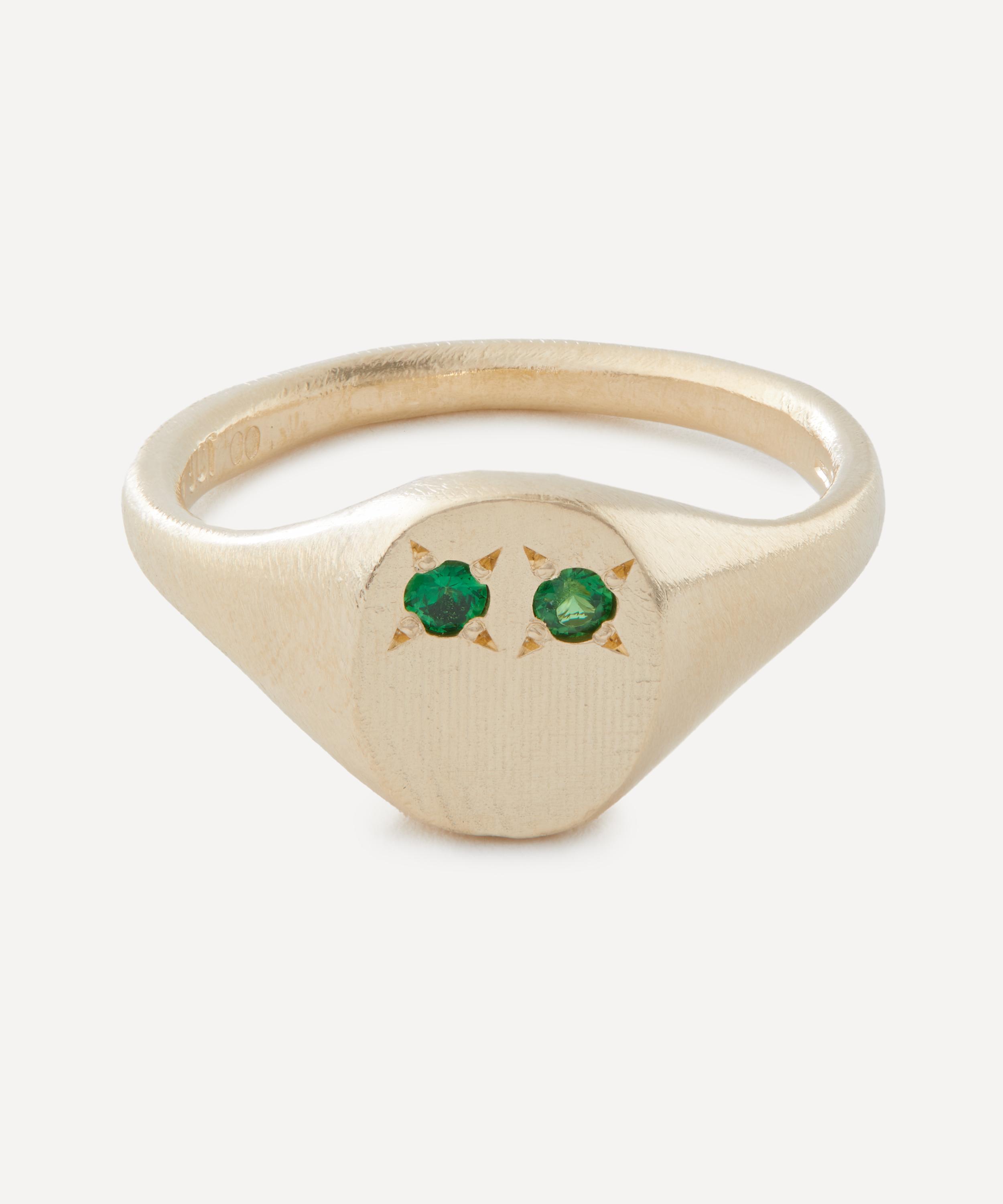 Seb Brown Mens 9ct Gold Green Eye Signet Ring