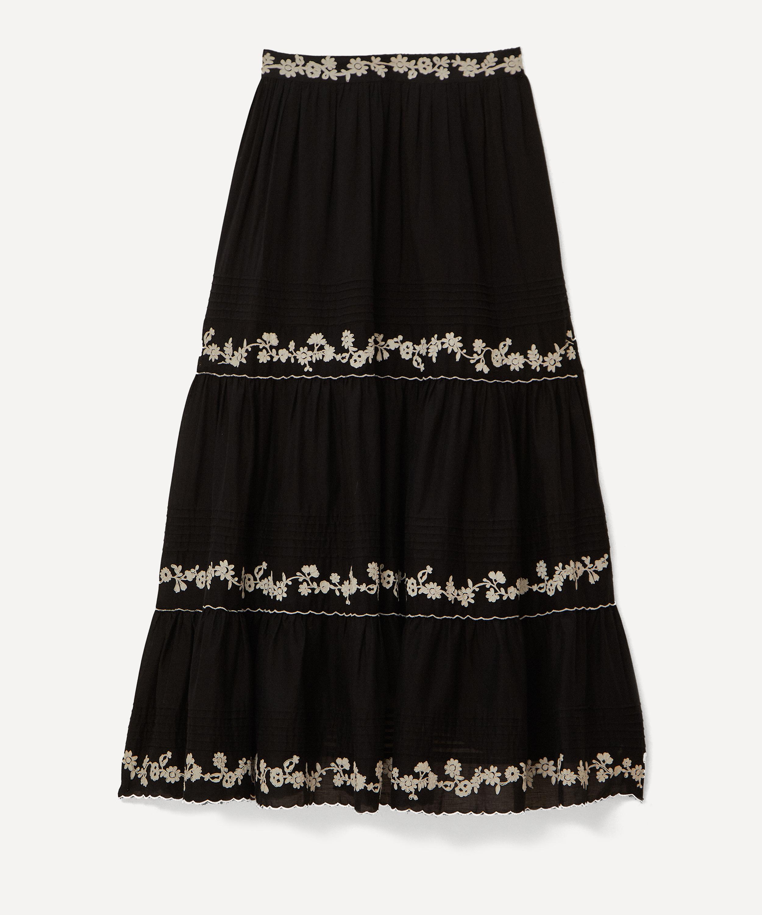 FARM RIO FARM RIO WOMEN'S BLACK EMBROIDERED RUFFLE MAXI SKIRT 