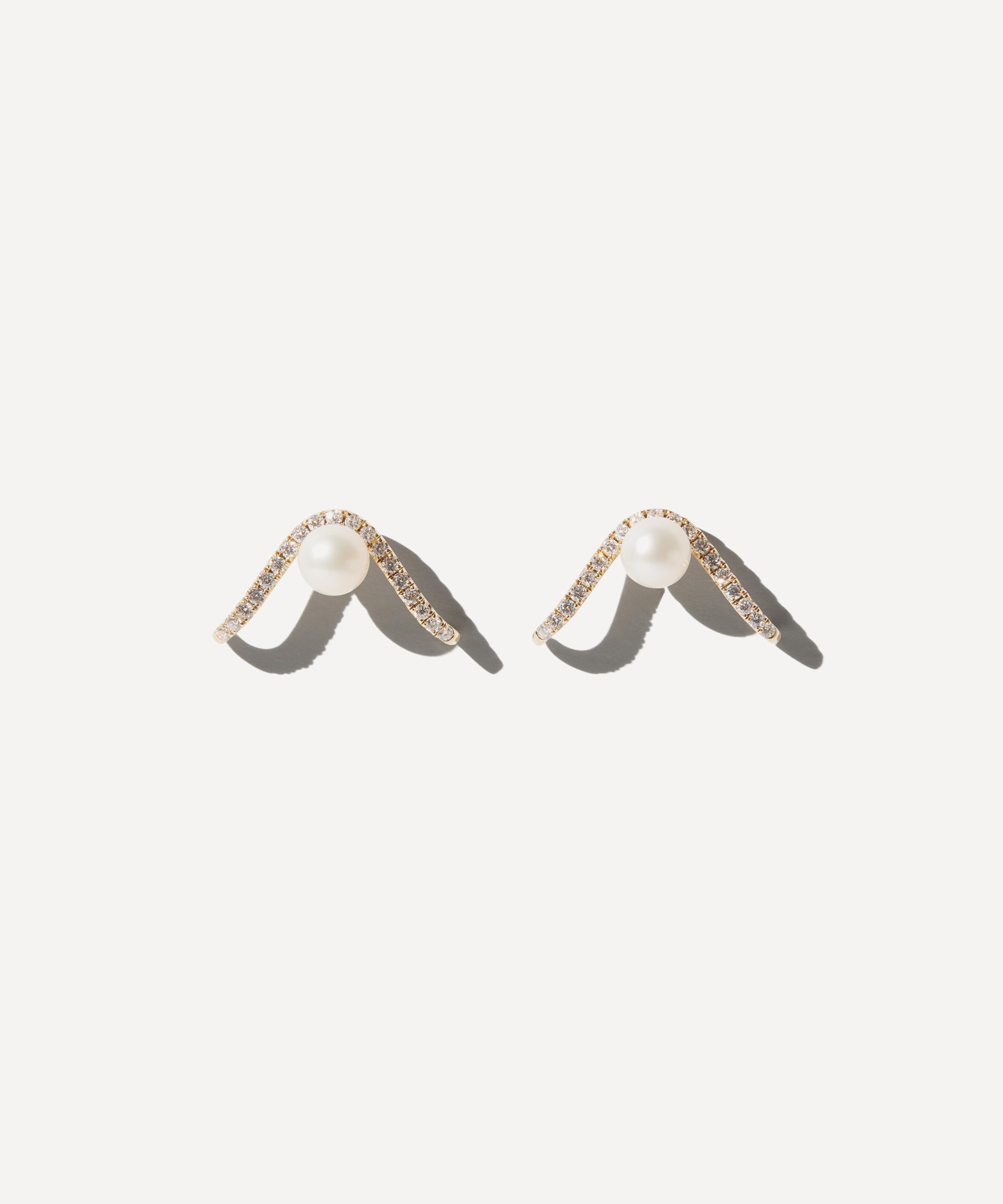 Mizuki 14ct Gold Diamond And Pearl Curve Stud Earrings
