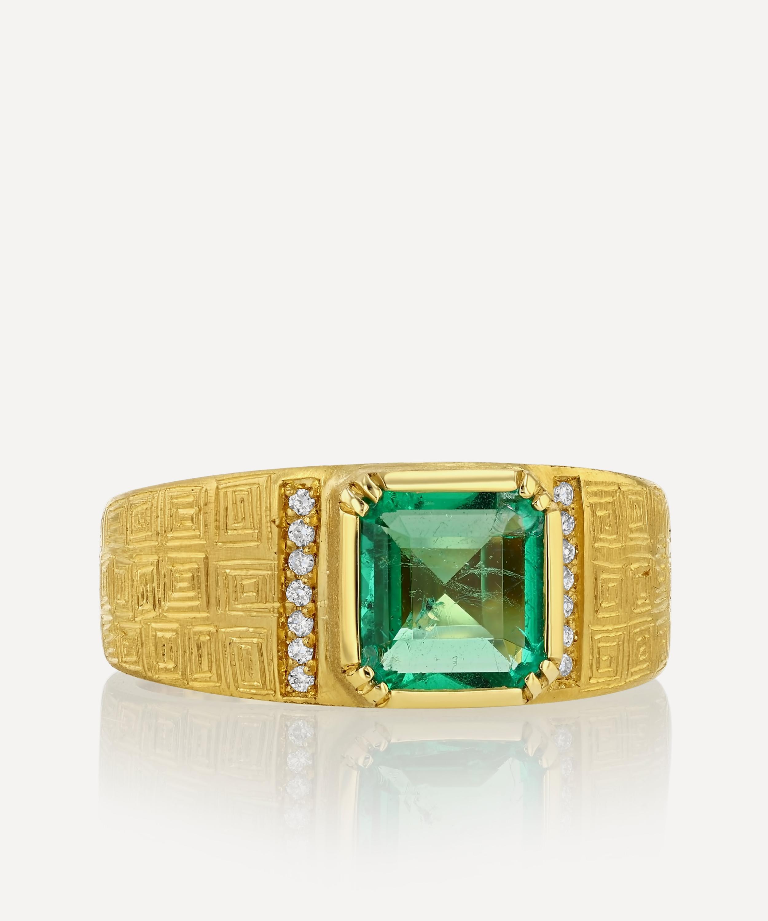 Brooke Gregson 18ct Gold Talisman Shield Emerald Engraved Ring