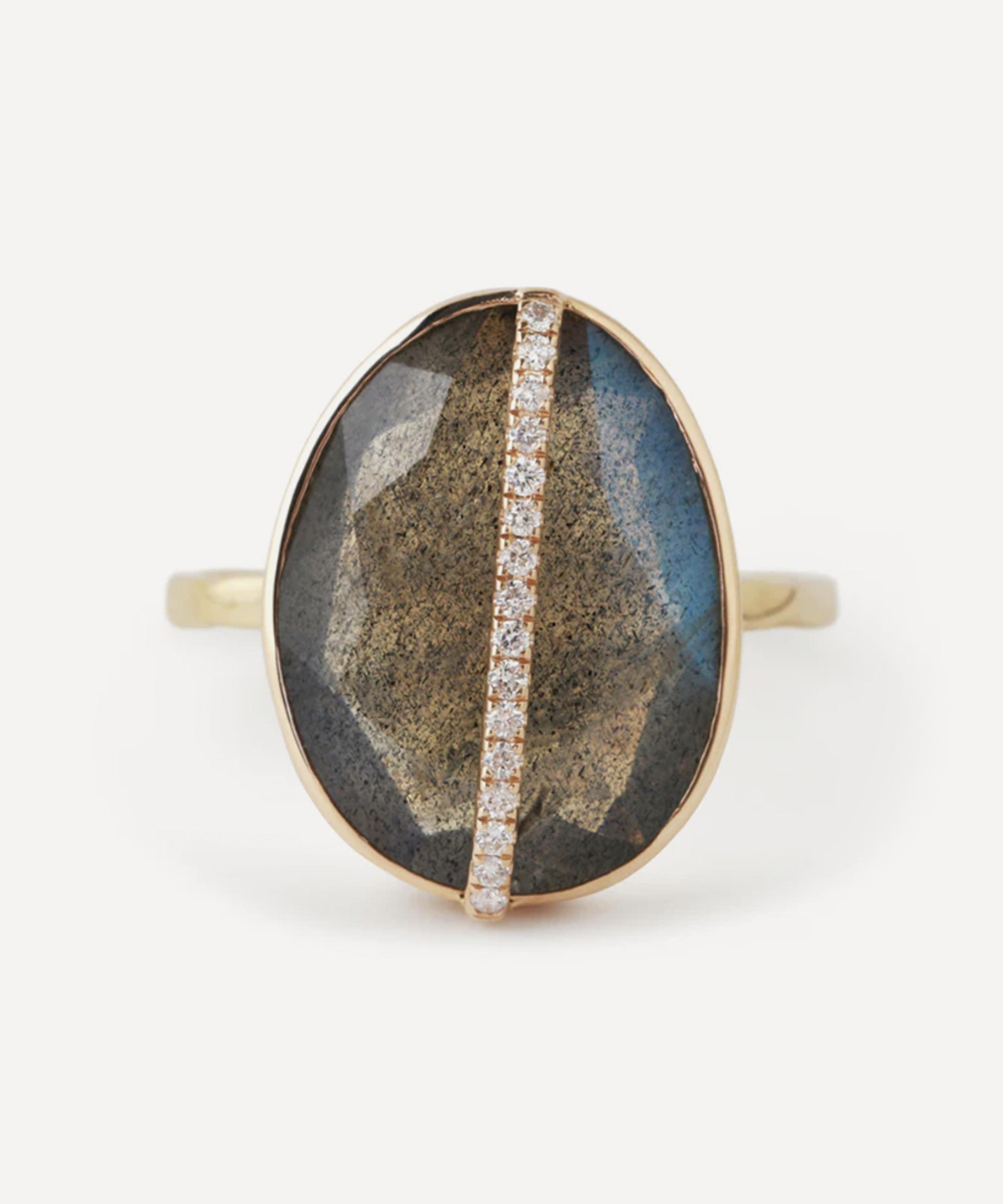 Melissa Joy Manning 14ct Gold Large Micropave Bezel Wrapped Labradorite Ring