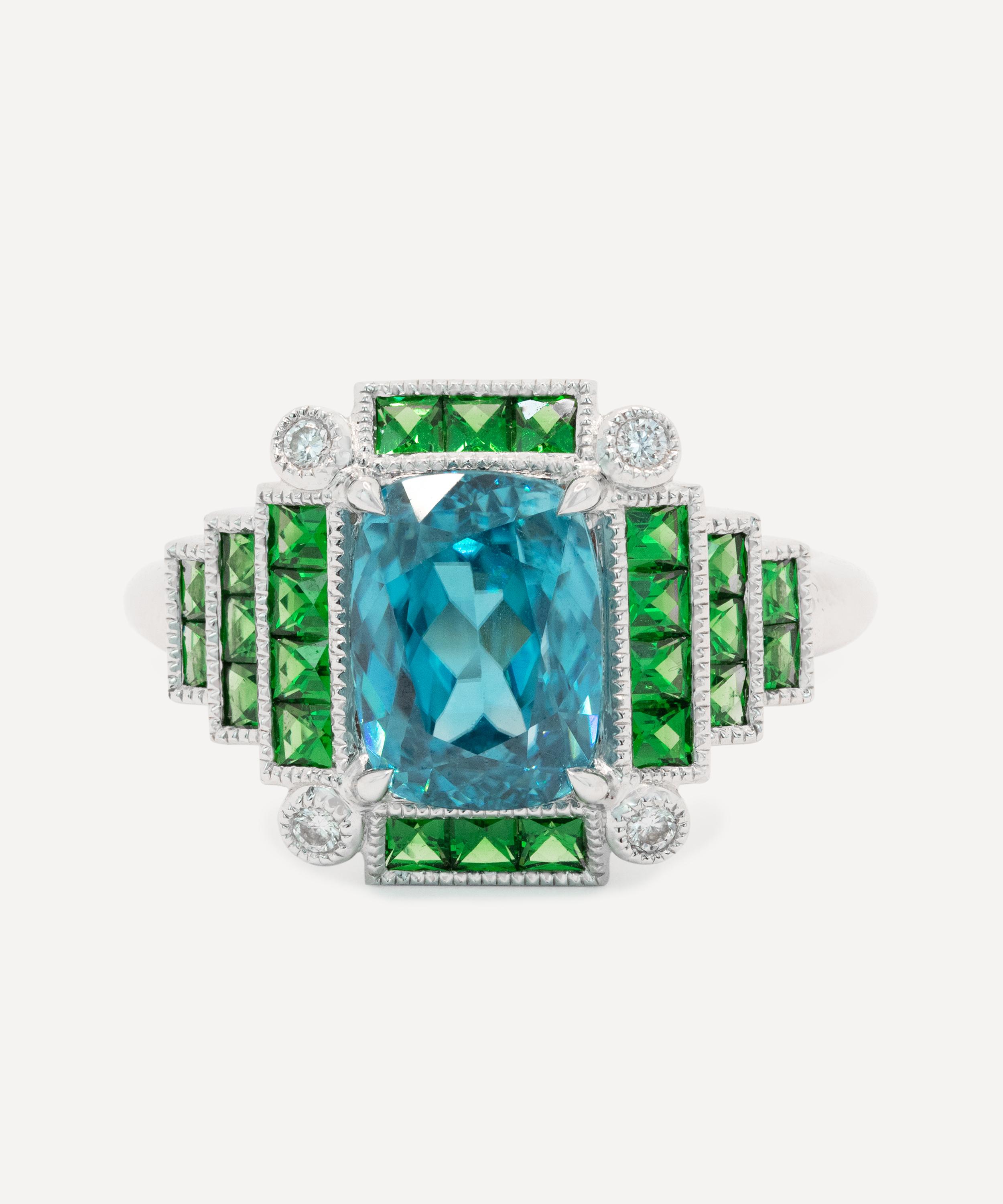 Kojis Platinum Zircon And Green Garnet Cocktail Ring In Red