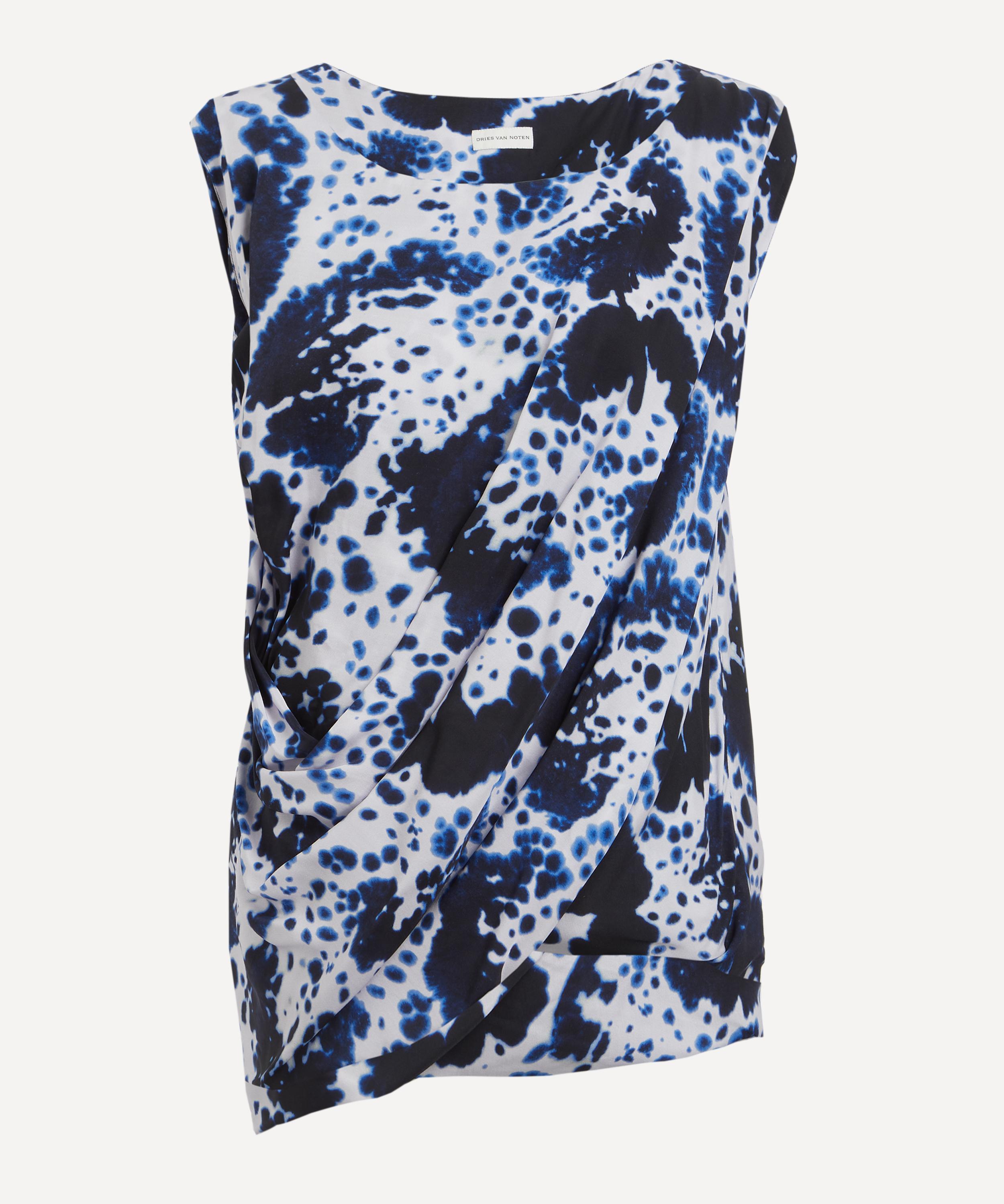 Dries Van Noten Cot Orchid Petal Print Draped Top In Blue