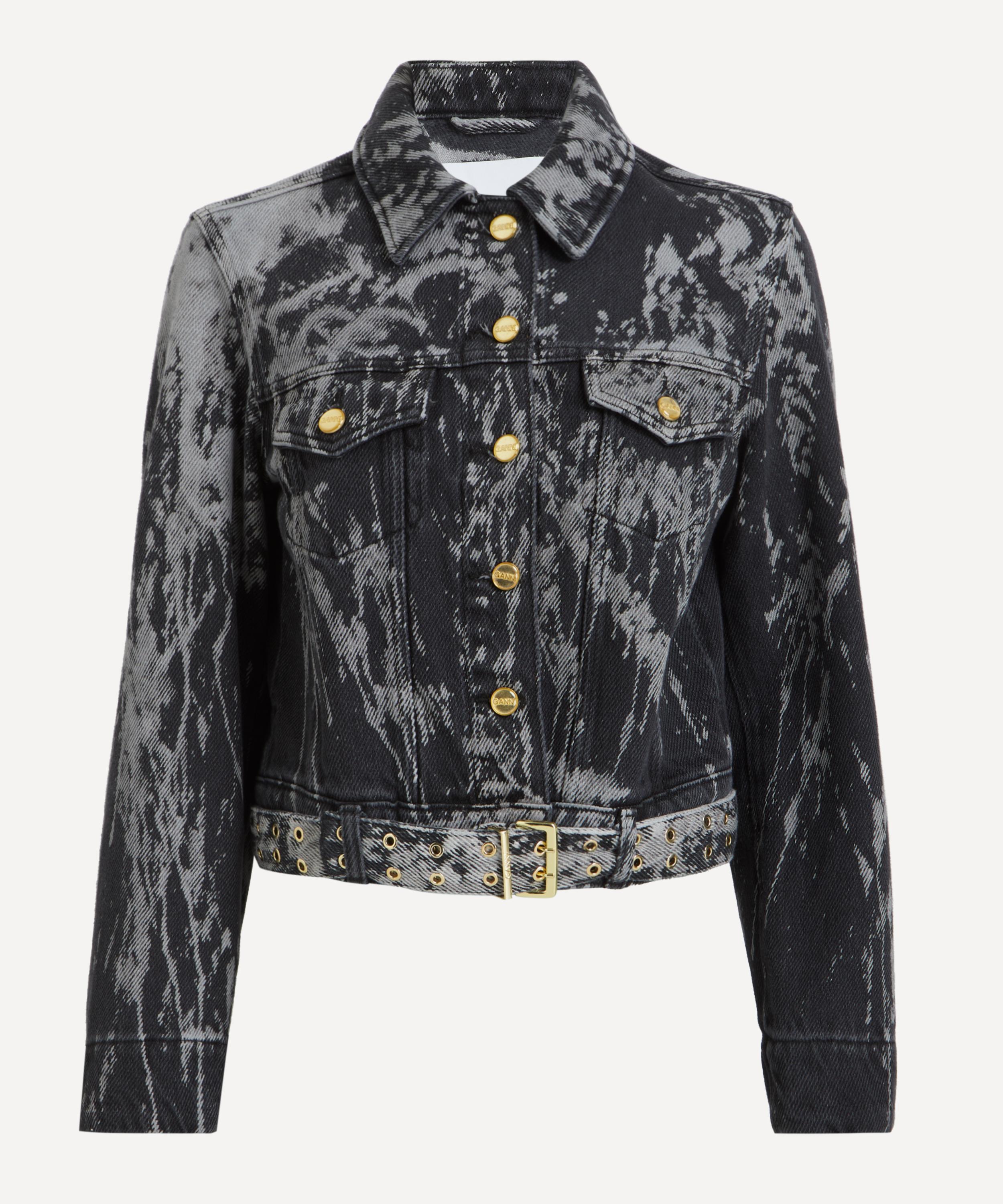 Ganni Denim Jacket With Belted Waist And Chest Pockets In Black