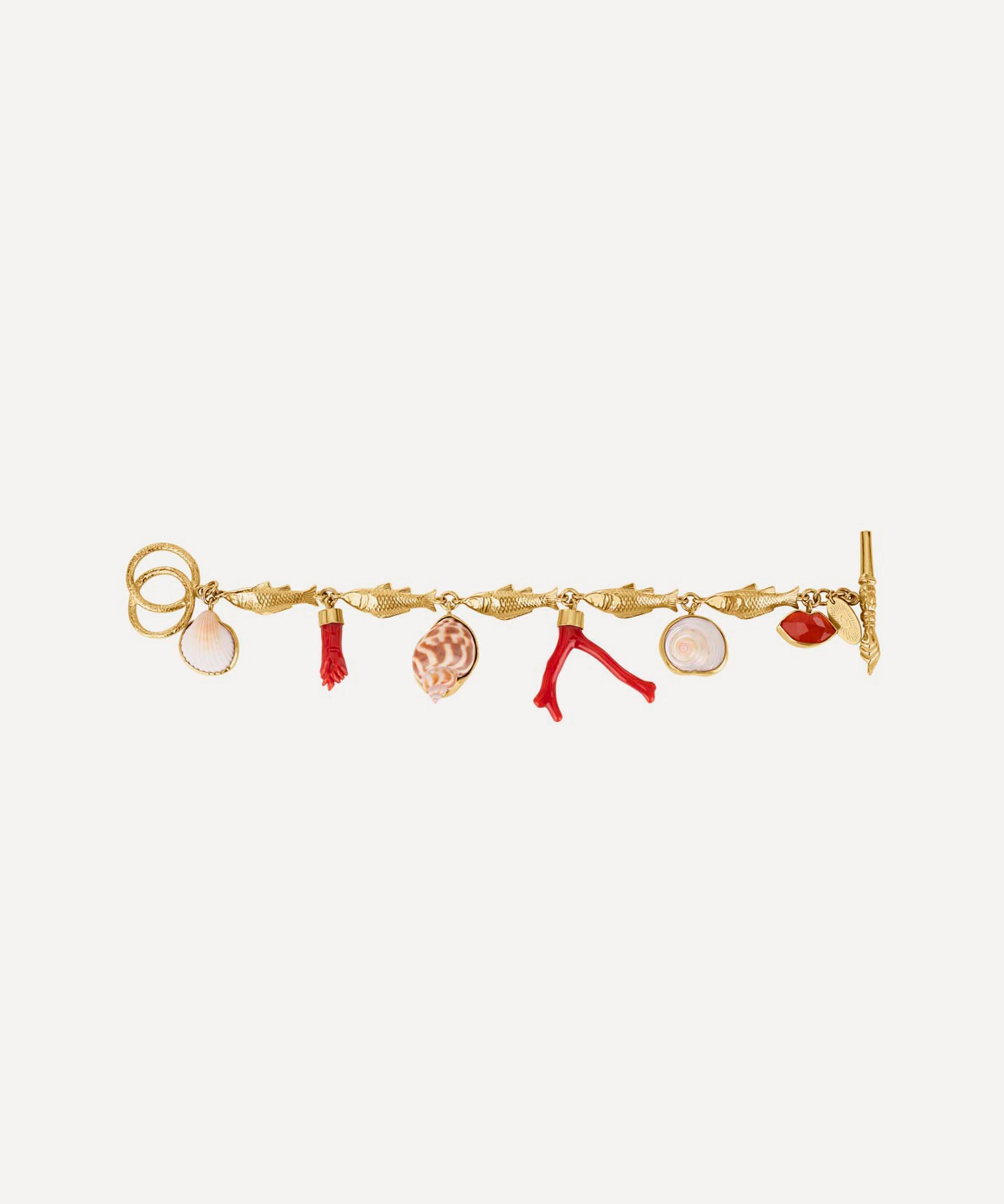 GRAINNE MORTON GRAINNE MORTON 18CT GOLD-PLATED FISH MULTI CHARM CORAL BRACELET 