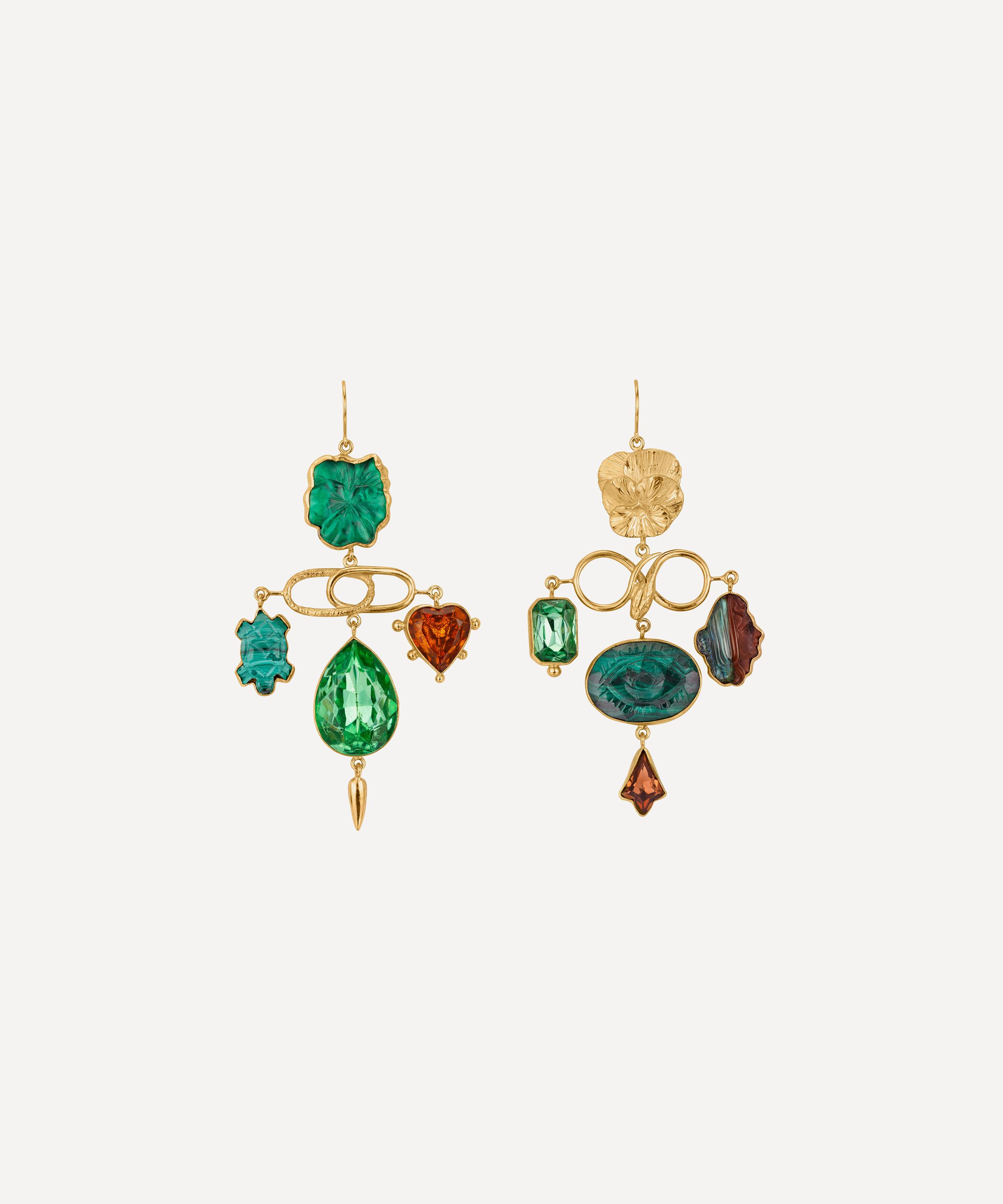 GRAINNE MORTON GRAINNE MORTON 18CT GOLD-PLATED GREEN AND GOLD PANSY BALANCE DROP EARRINGS 