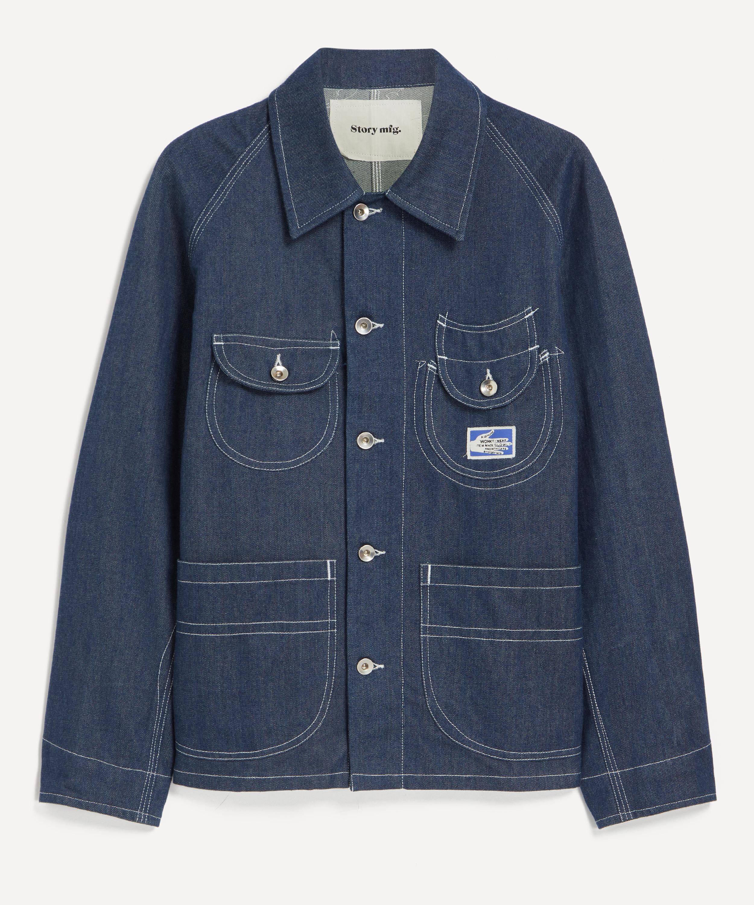 Story Mfg. Mens Dark Denim Circuit Patch-pocket Cotton Denim Jacket In Blue