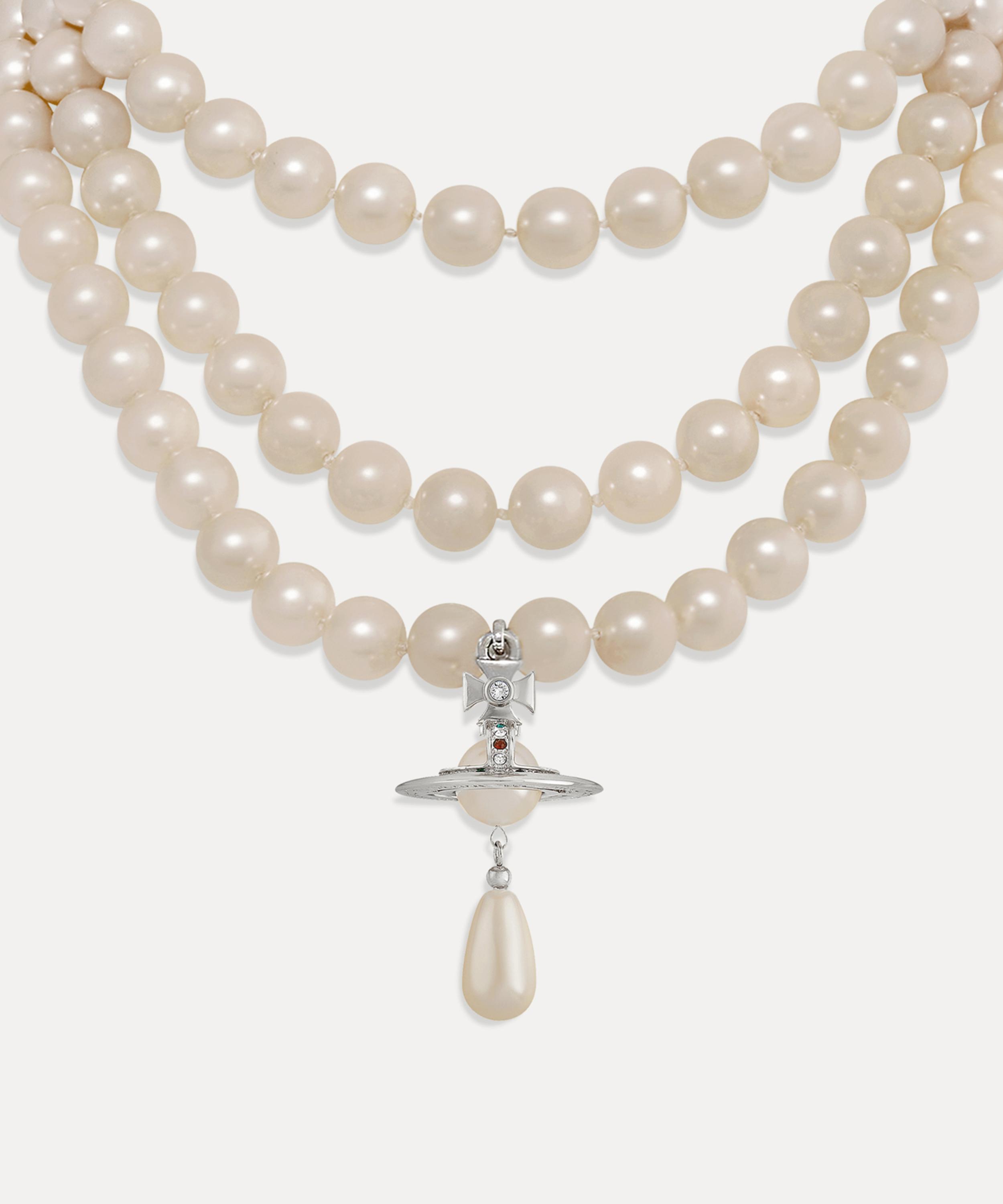 Vivienne Westwood Three Row Pearl Drop Choker Silver Swarovski Pearls Women