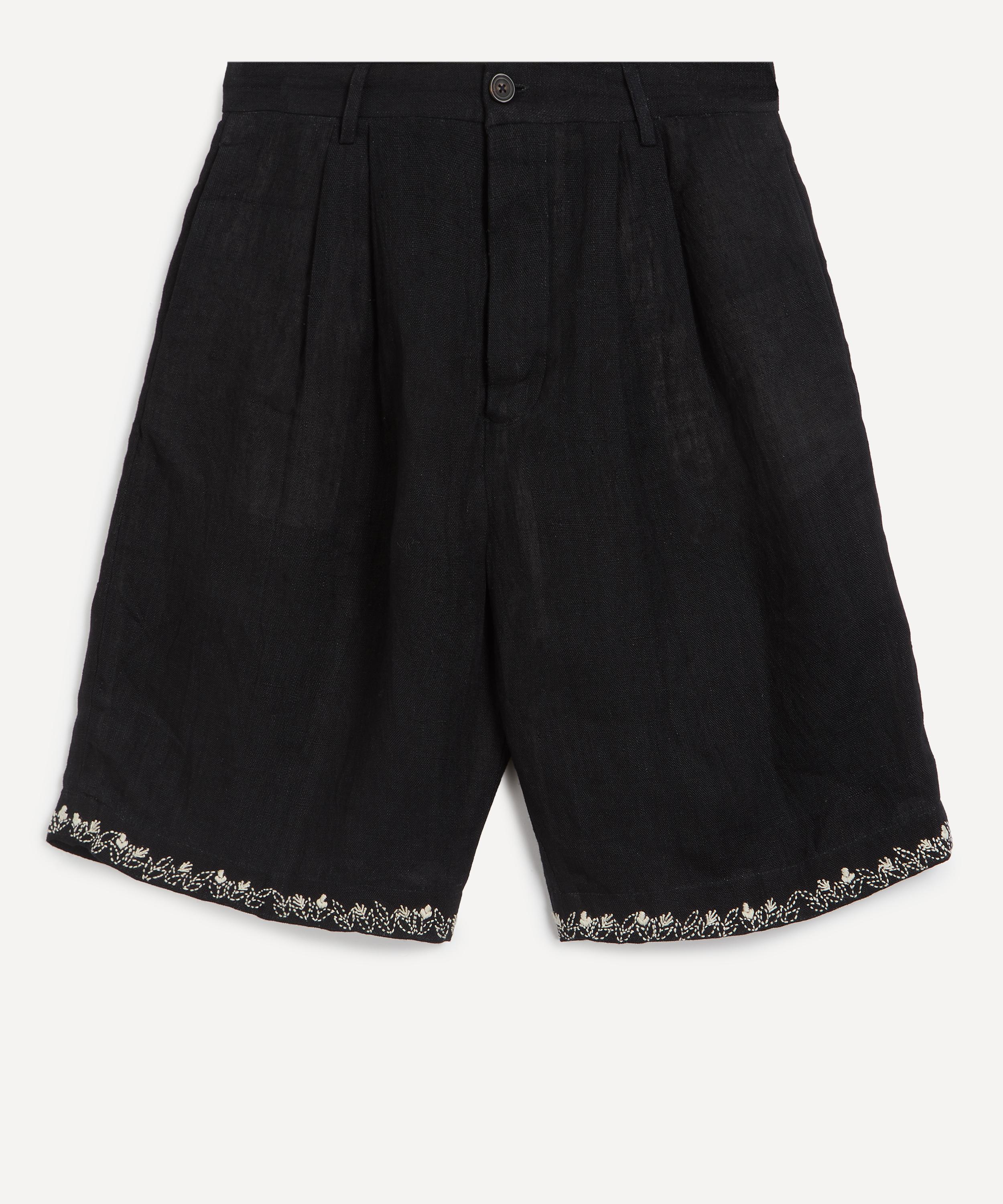 Kartik Research Mens Linen Pleated Shorts In Black