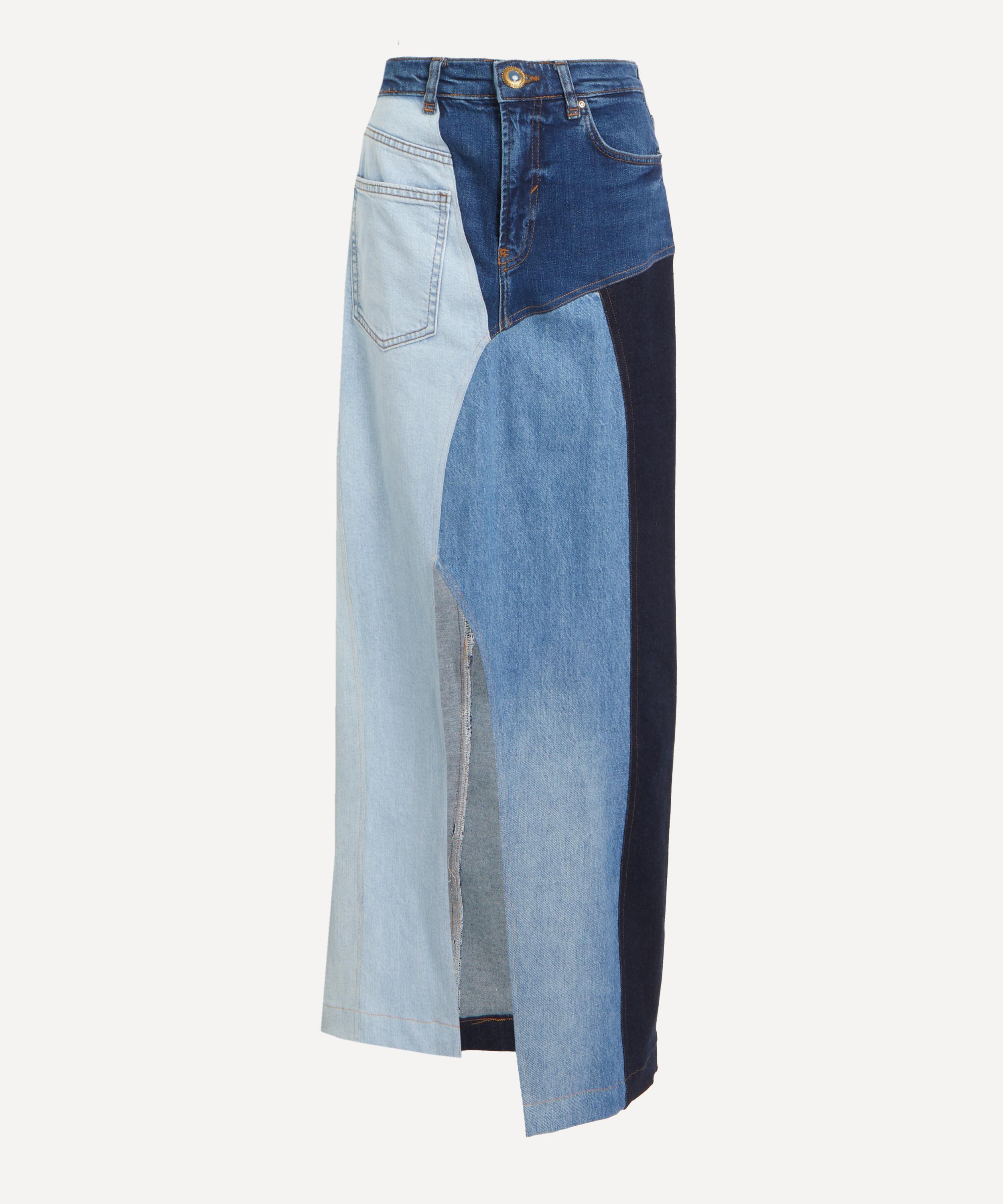Fanfare Women's High Waisted Upcycled Patchwork Denim Long Skirt With Slit