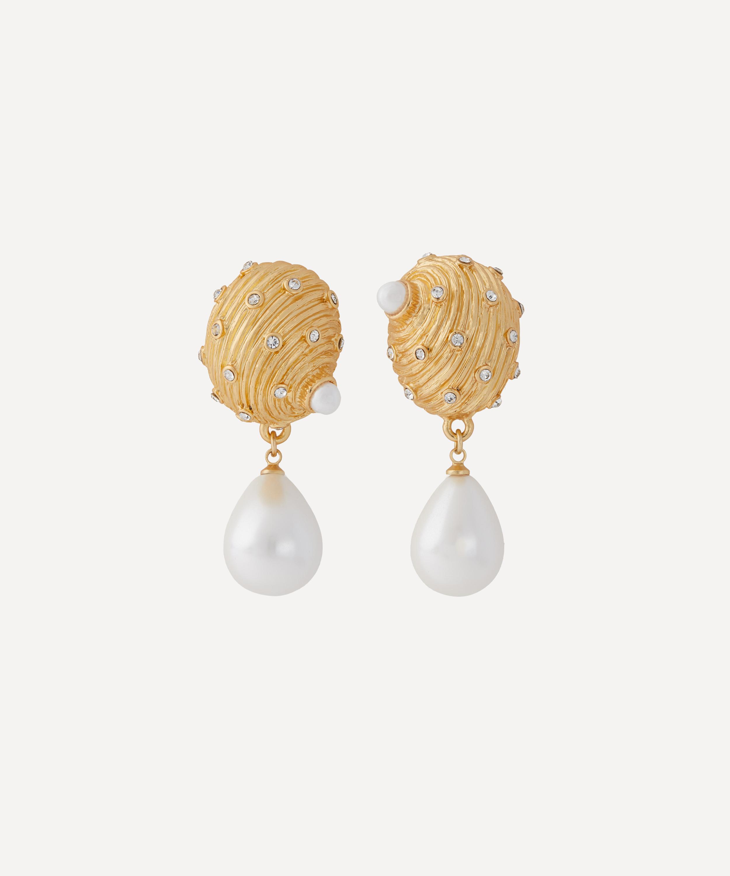 Kenneth Jay Lane Gold-plated Seashell Pearl Drop Clip-on Earrings In Gold