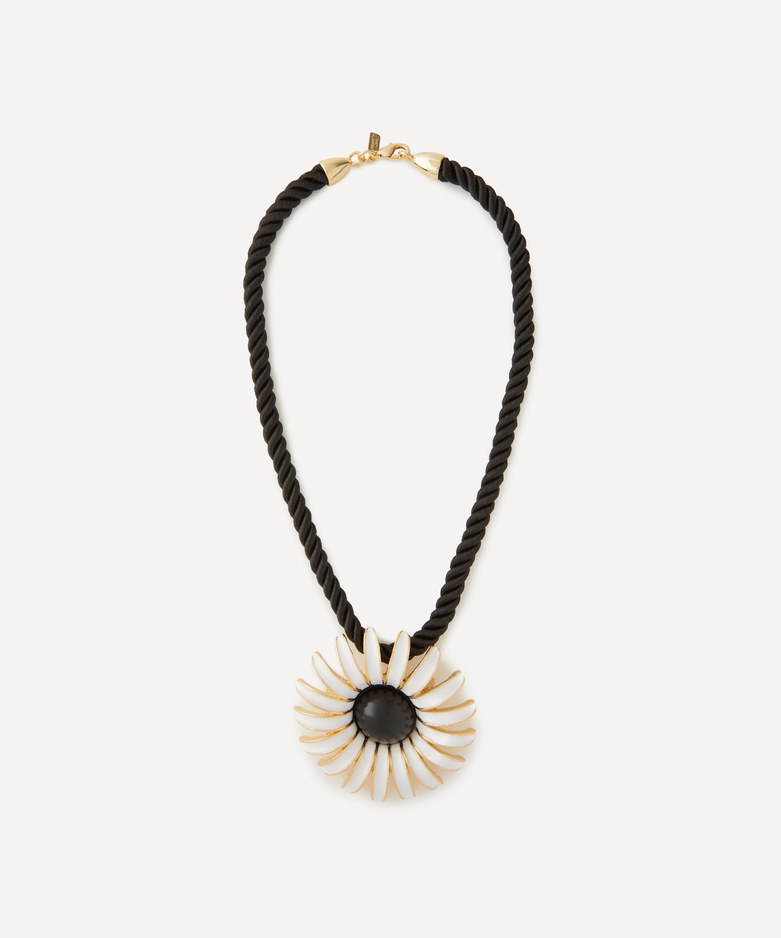 Kenneth Jay Lane Black Cord Daisy Pendant Necklace In Gold