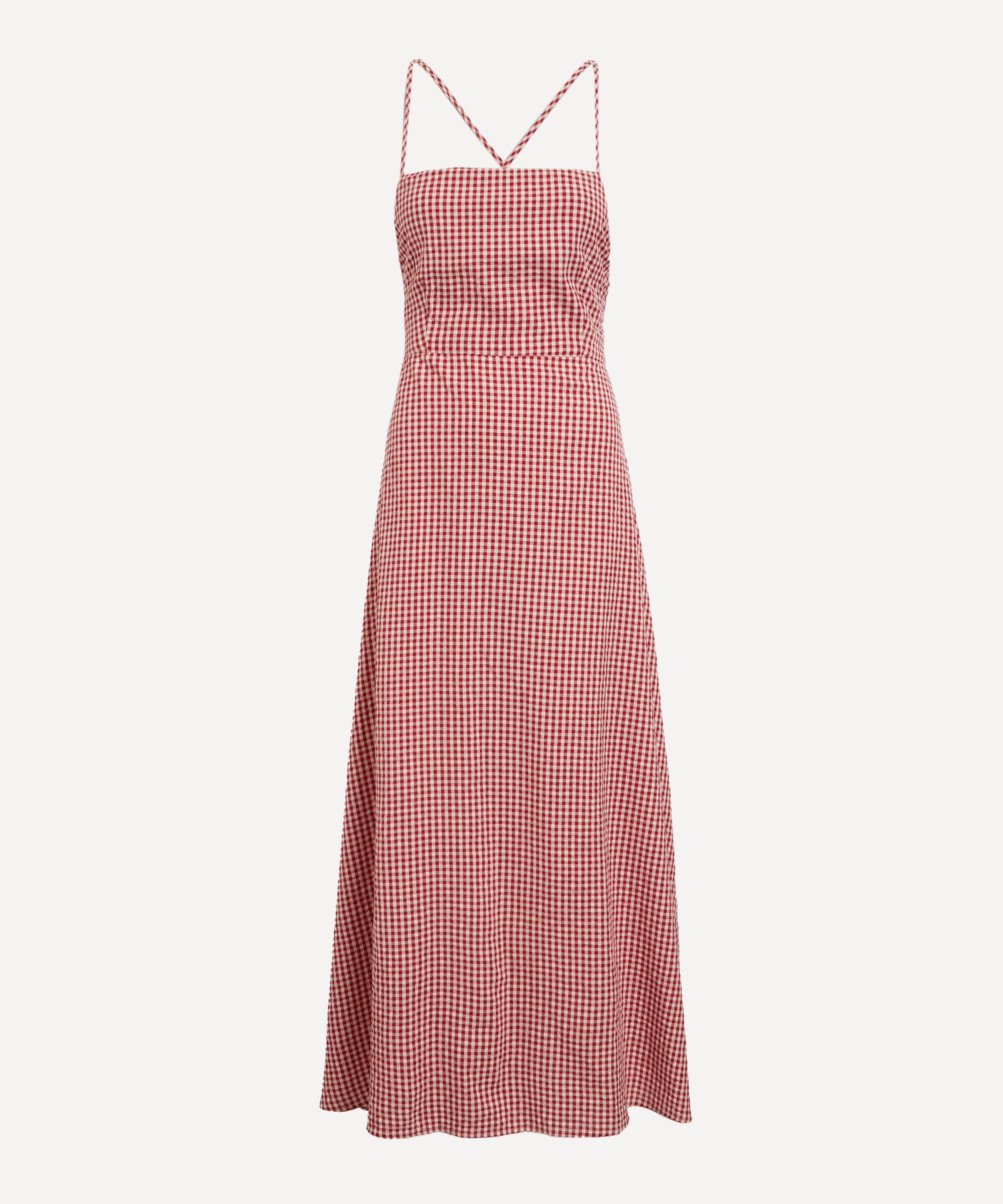 Posse Lori Open-back Gingham Linen-seersucker Maxi Dress In Red