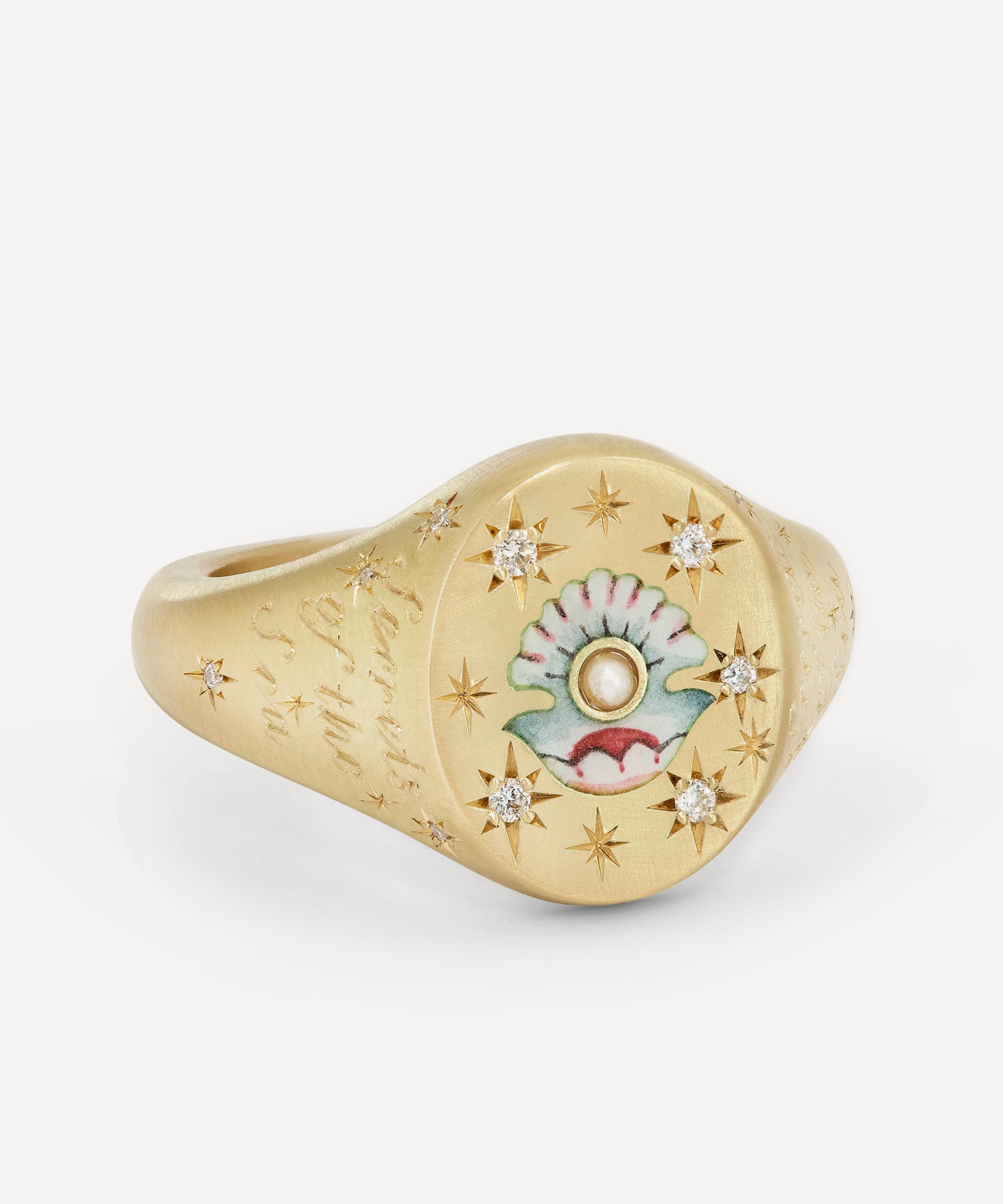 Cece Jewellery 18ct Gold Clam And Pearl Signet Ring In Gold
