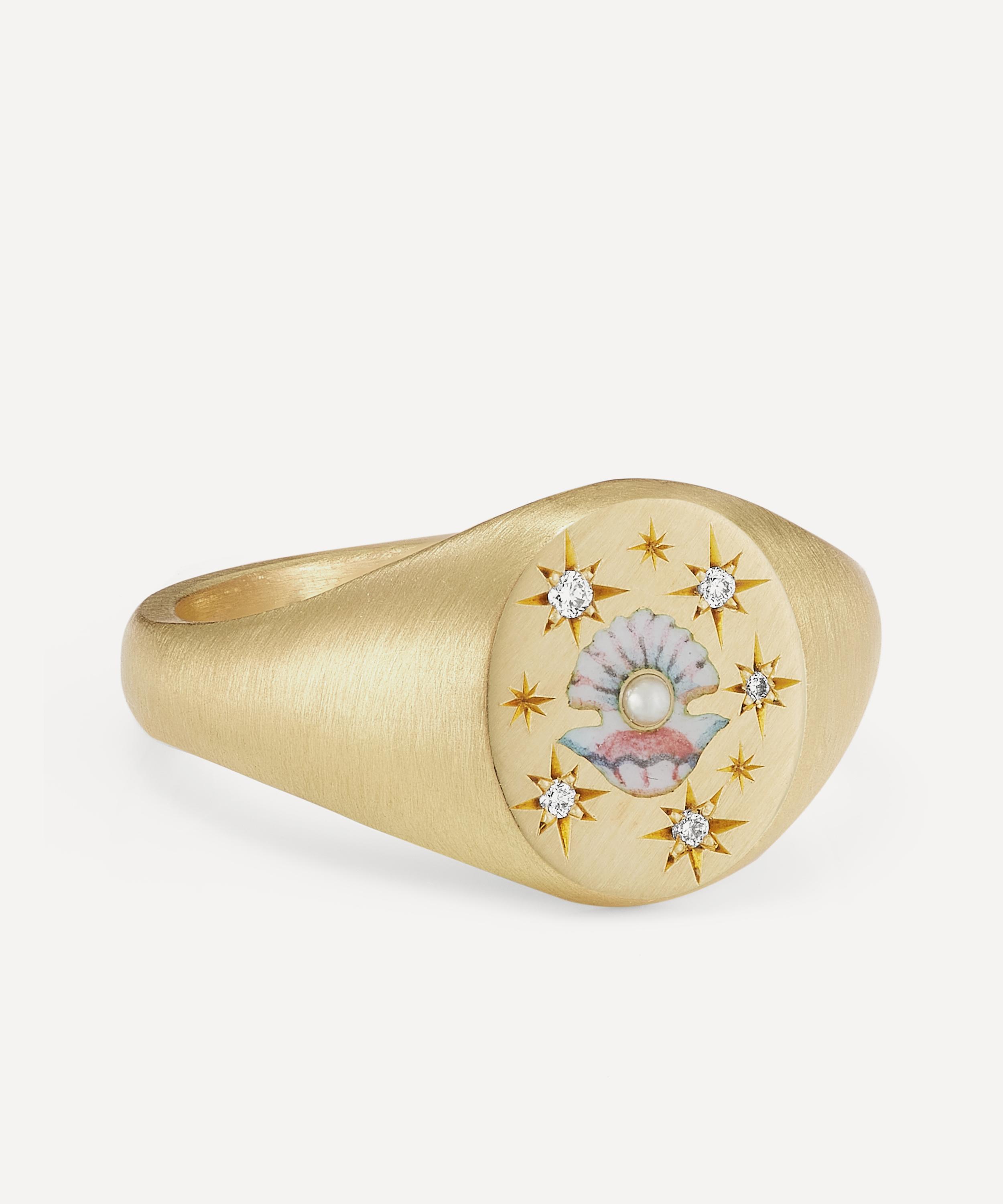 Cece Jewellery 18ct Gold Clam And Pearl Signet Ring In Gold