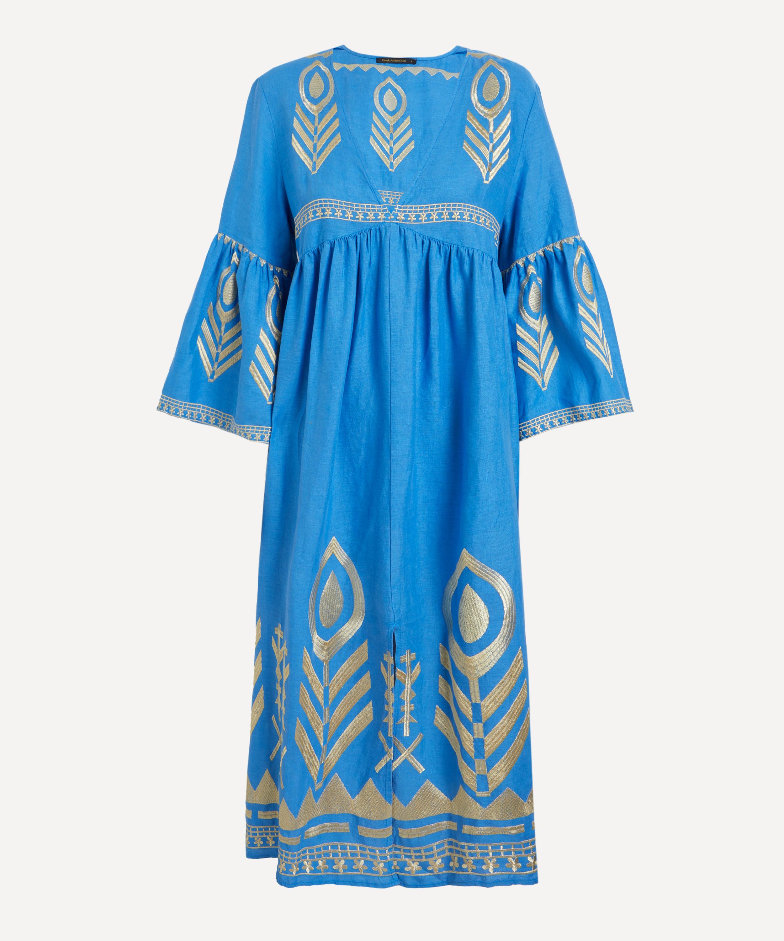 Kori Women's Blue-gold Feather Linen Midi Dress In Blue