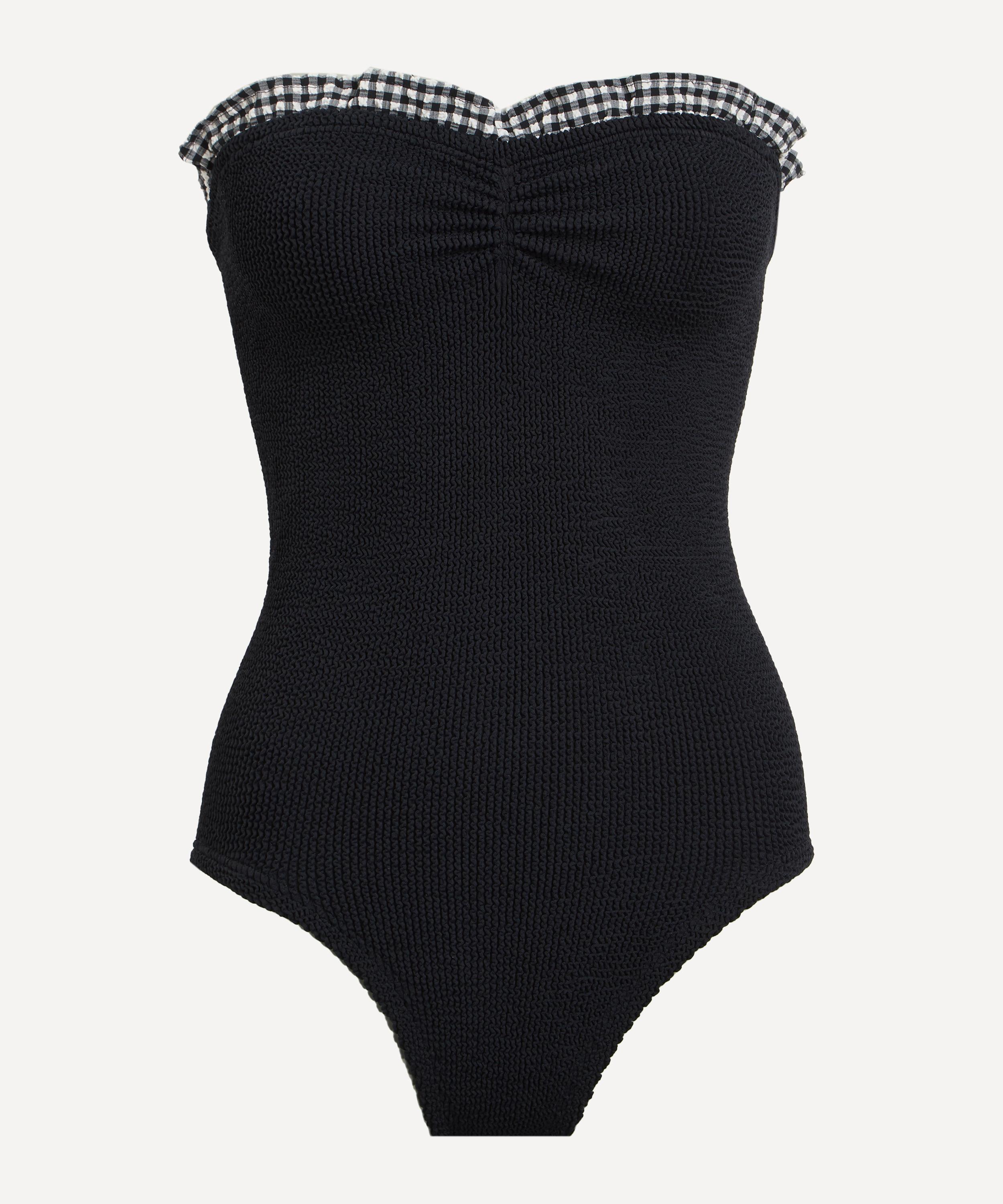 Hunza G 'dolly' Black Swimsuit With Ruched Sweetheart Neckline And Check Embellishment On The Neckline In Black