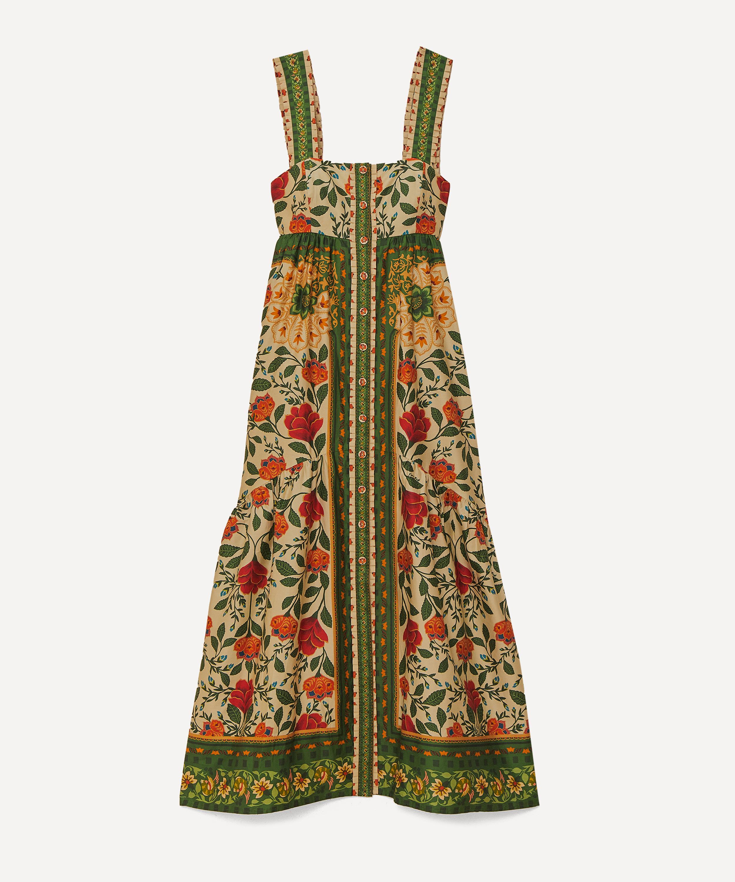Farm Rio Green Cotton Dress In Garden Tapestry Sand