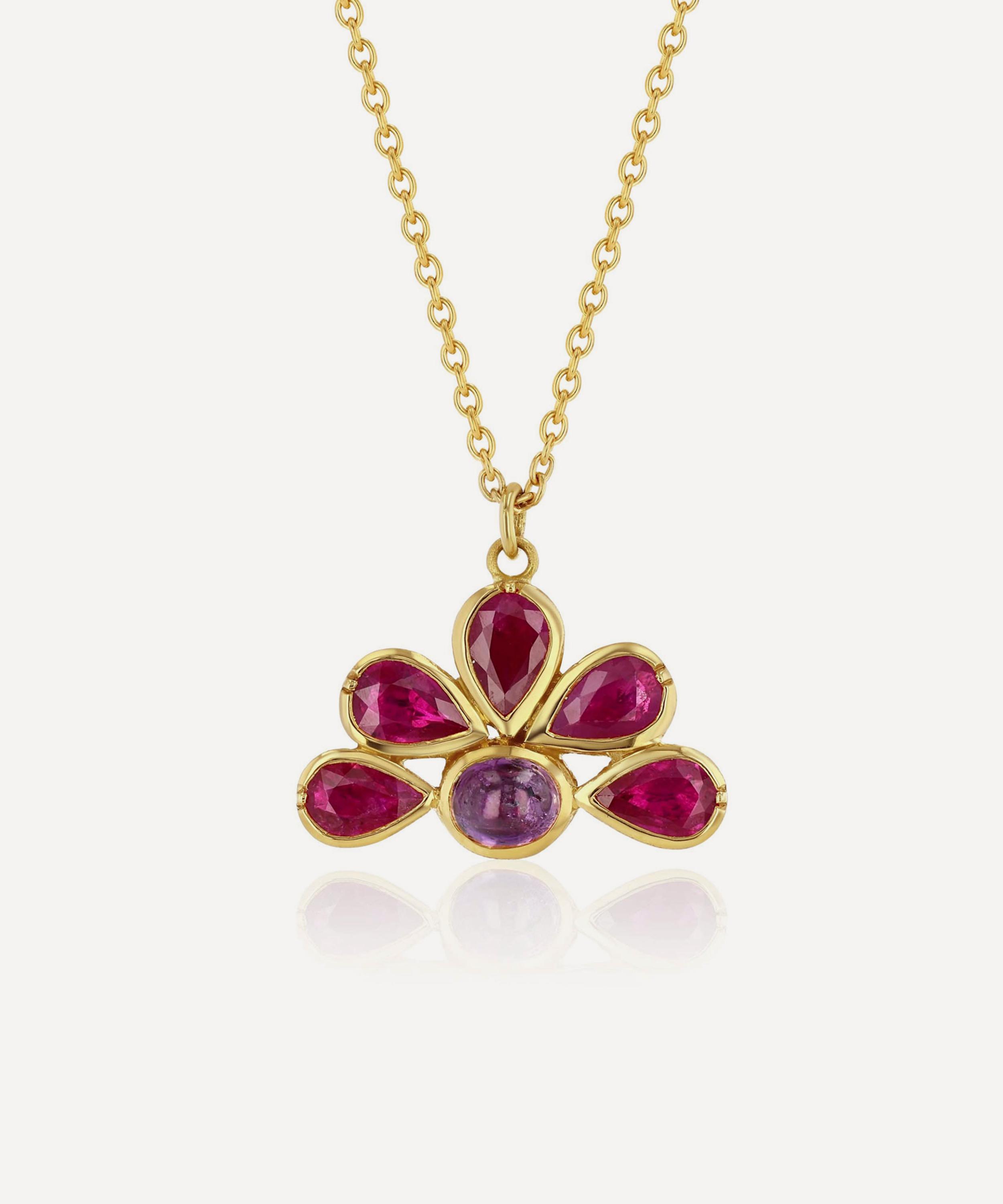 Brooke Gregson 18ct Gold Cabochon Ruby Sapphire Flower Pendant Necklace