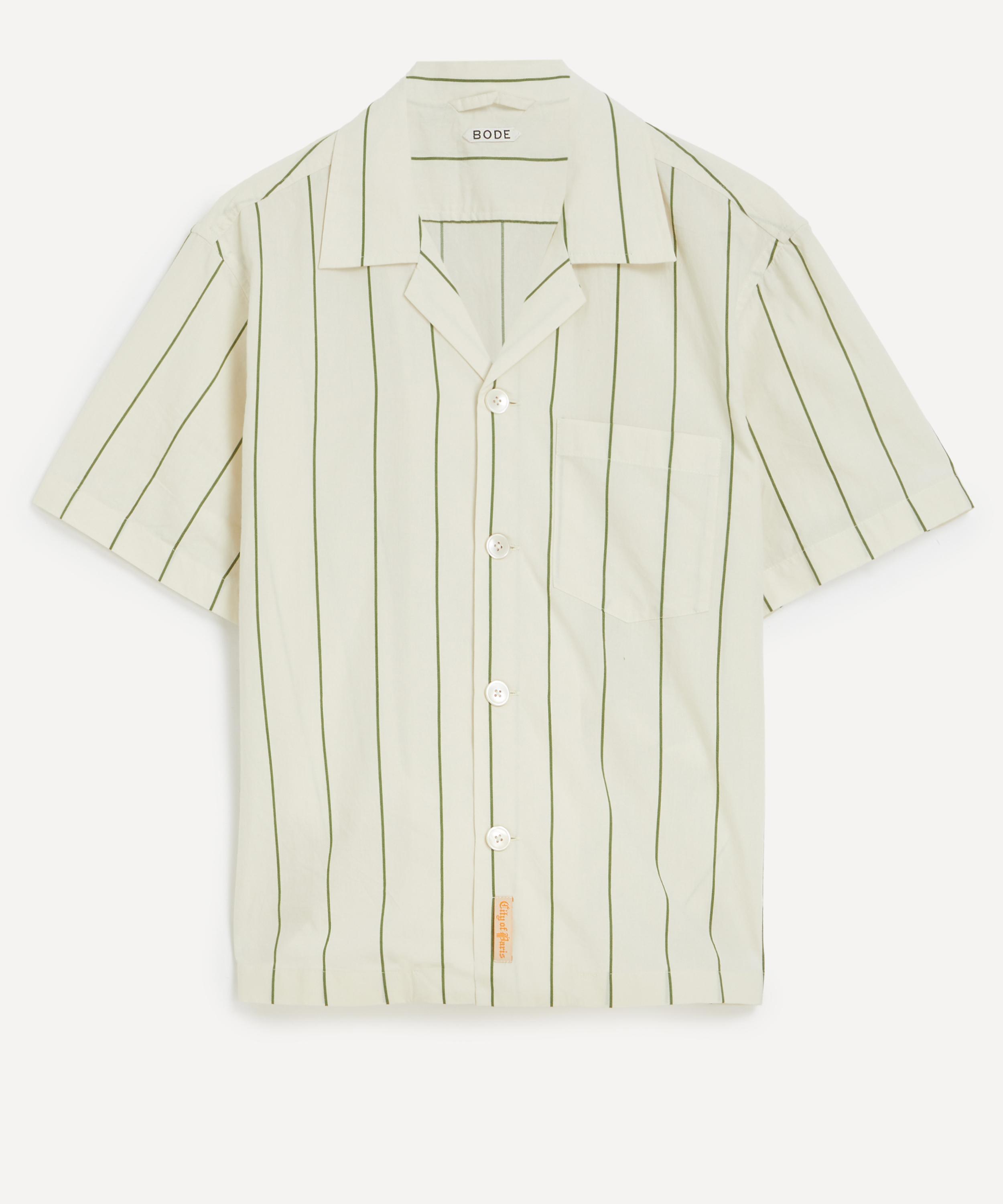 Bode Celery Stripe Short Sleeve Cotton Button-up Shirt In White