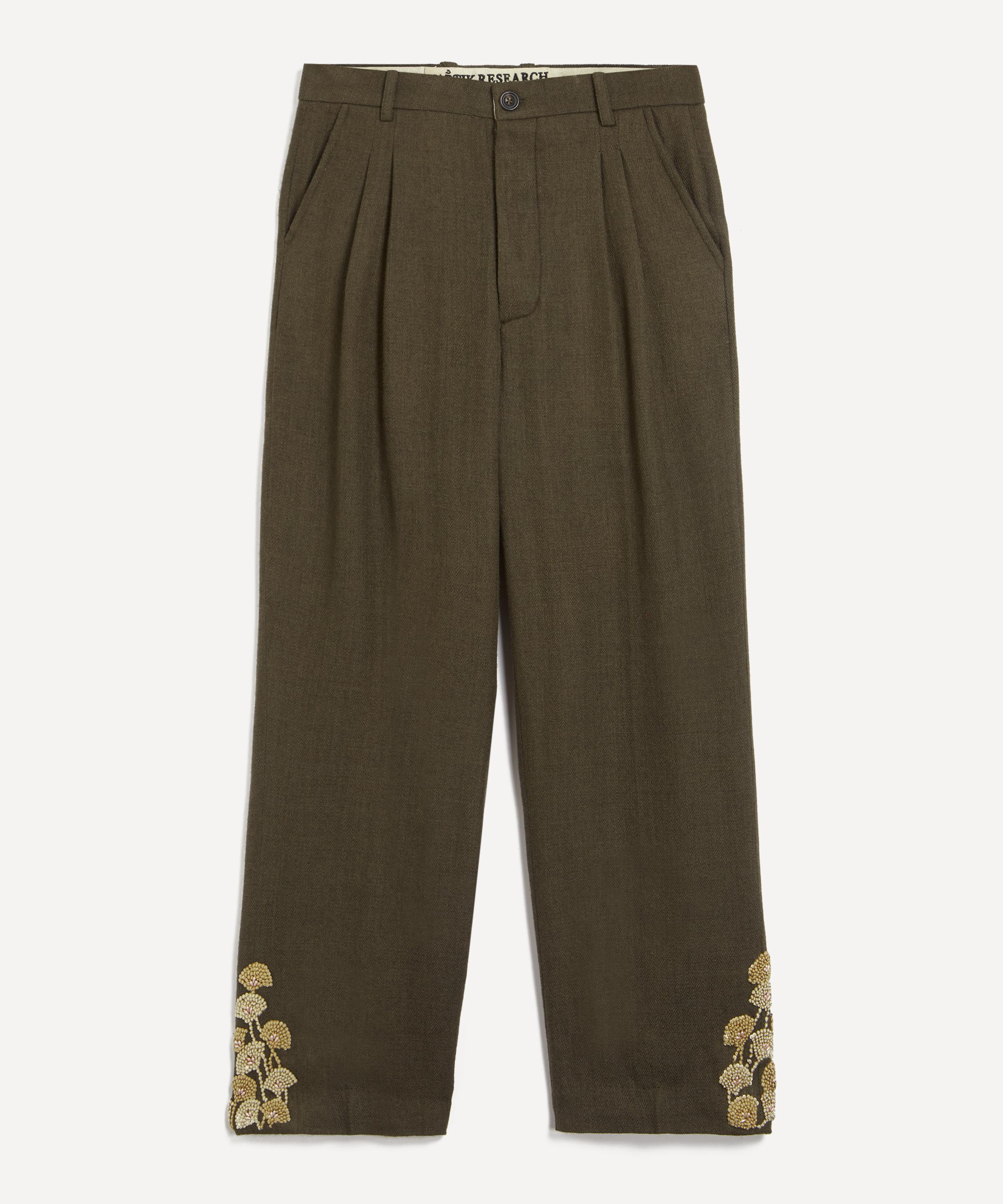 KARTIK RESEARCH KARTIK RESEARCH MENS KHAKI DOUBLE PLEAT HAND-EMBROIDERED TROUSERS 