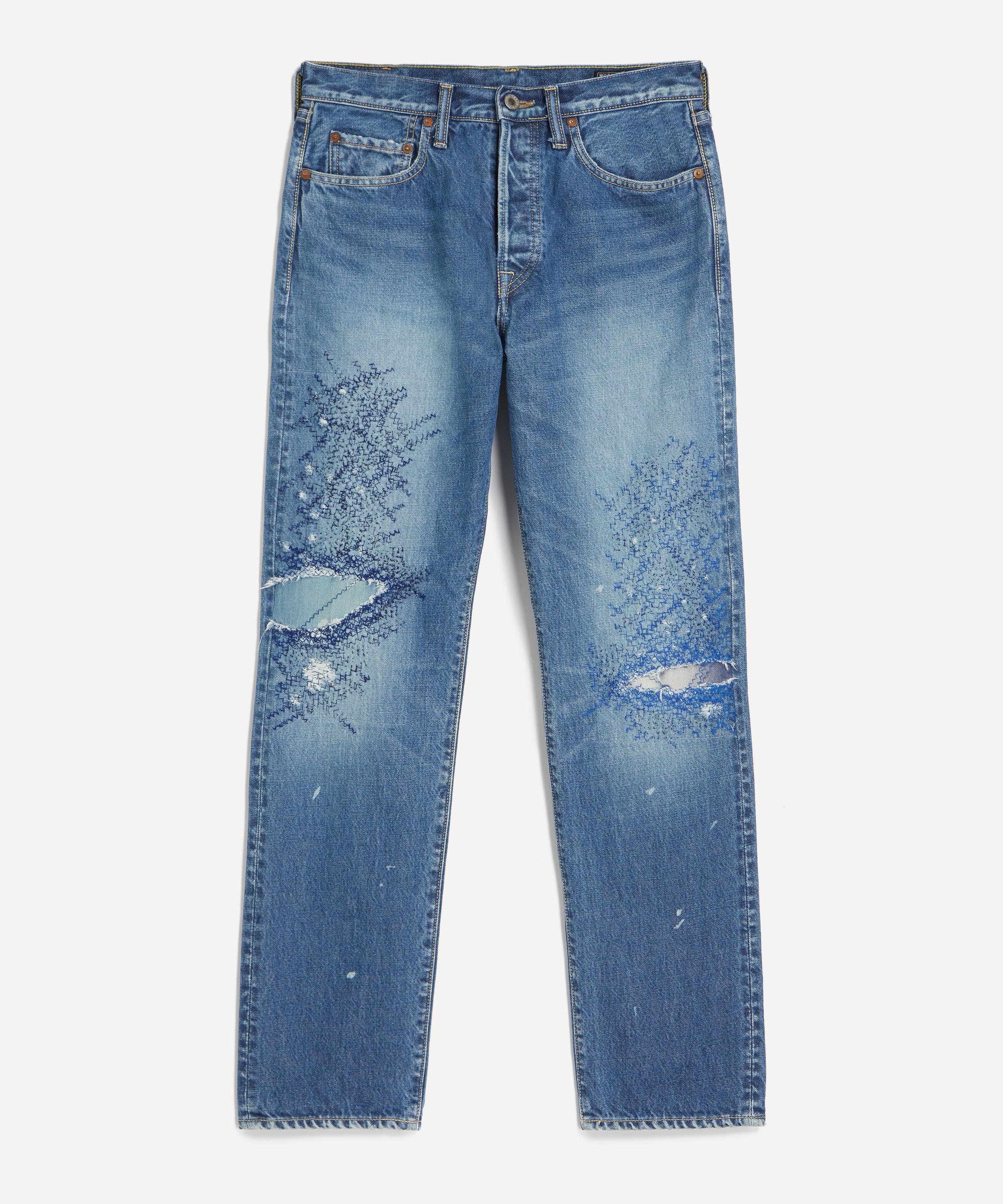 Kapital Mens Monkey Cisco Straight-leg Distressed Embroidered Jeans In Blue