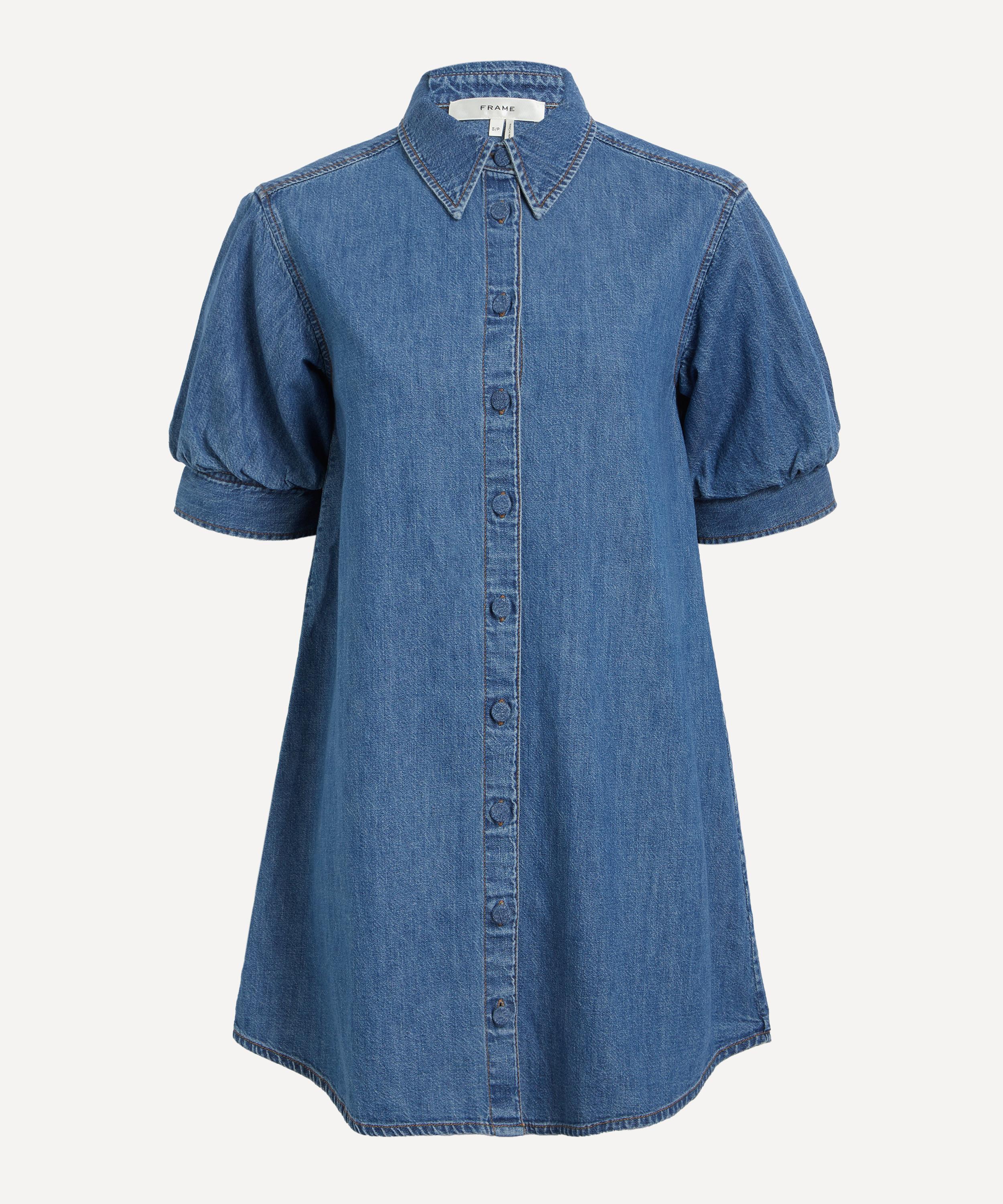 Frame Puffed-shoulder Denim Shirtdress In Blue