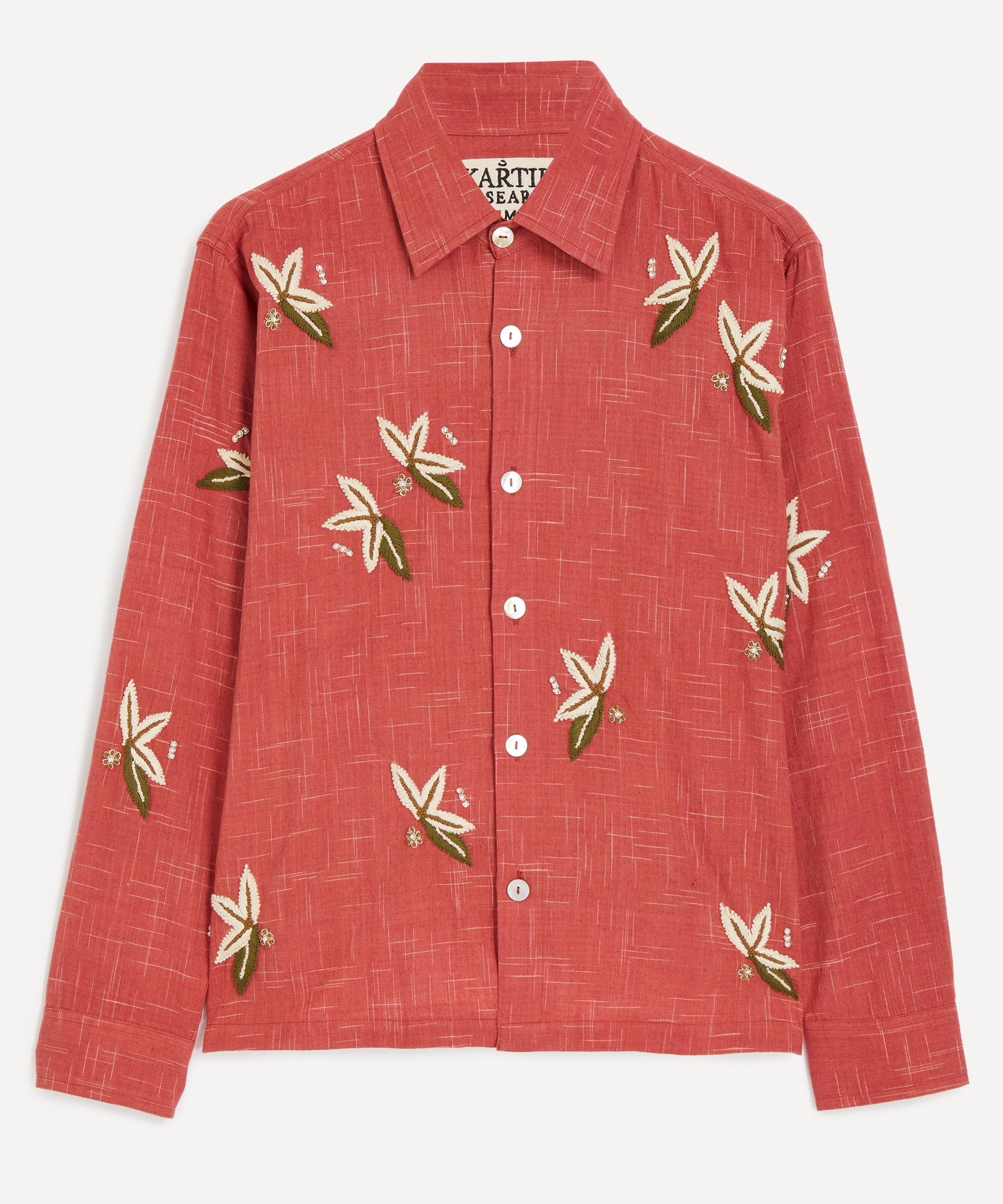 Kartik Research Mens Hand-embroidered Floral Shirt In Red