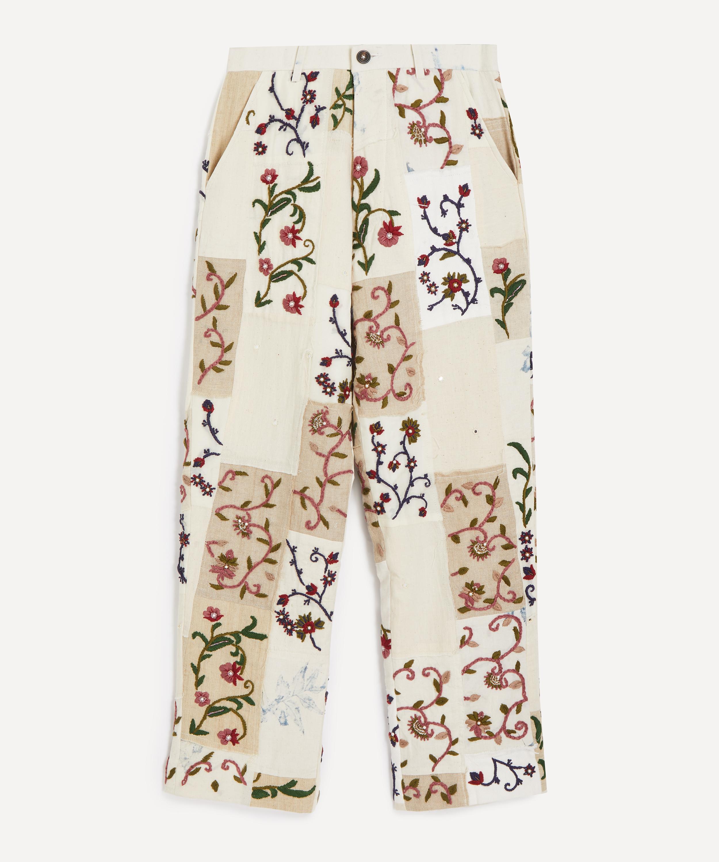 Kartik Research Mens Patchwork Chintz Embroidered Trousers In White