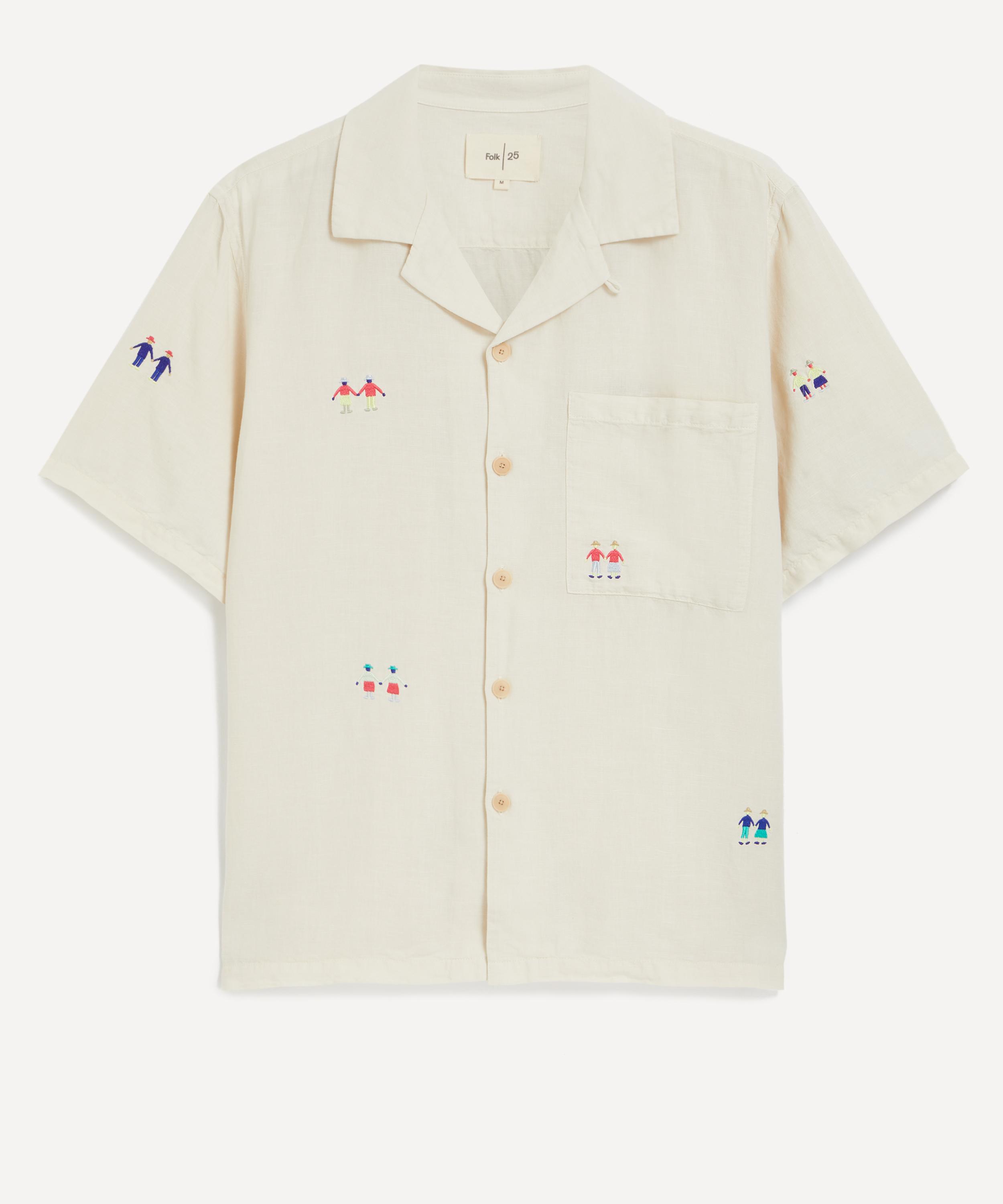 Folk Mens Relaxed Soft Collar Scattered Embroidery Shirt In White