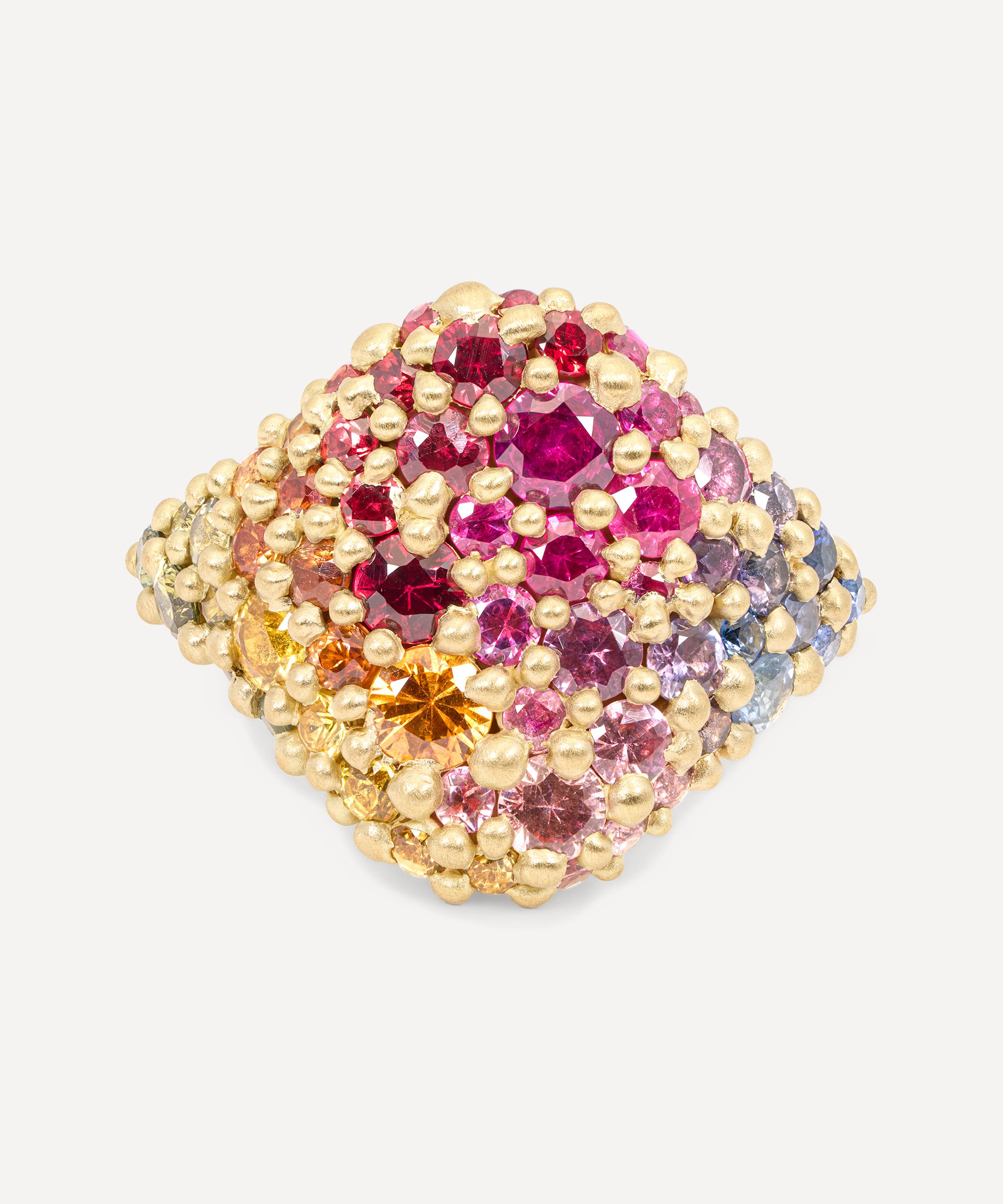 Polly Wales 18ct Gold Hot Pink Rainbow Sapphire River Signet Ring