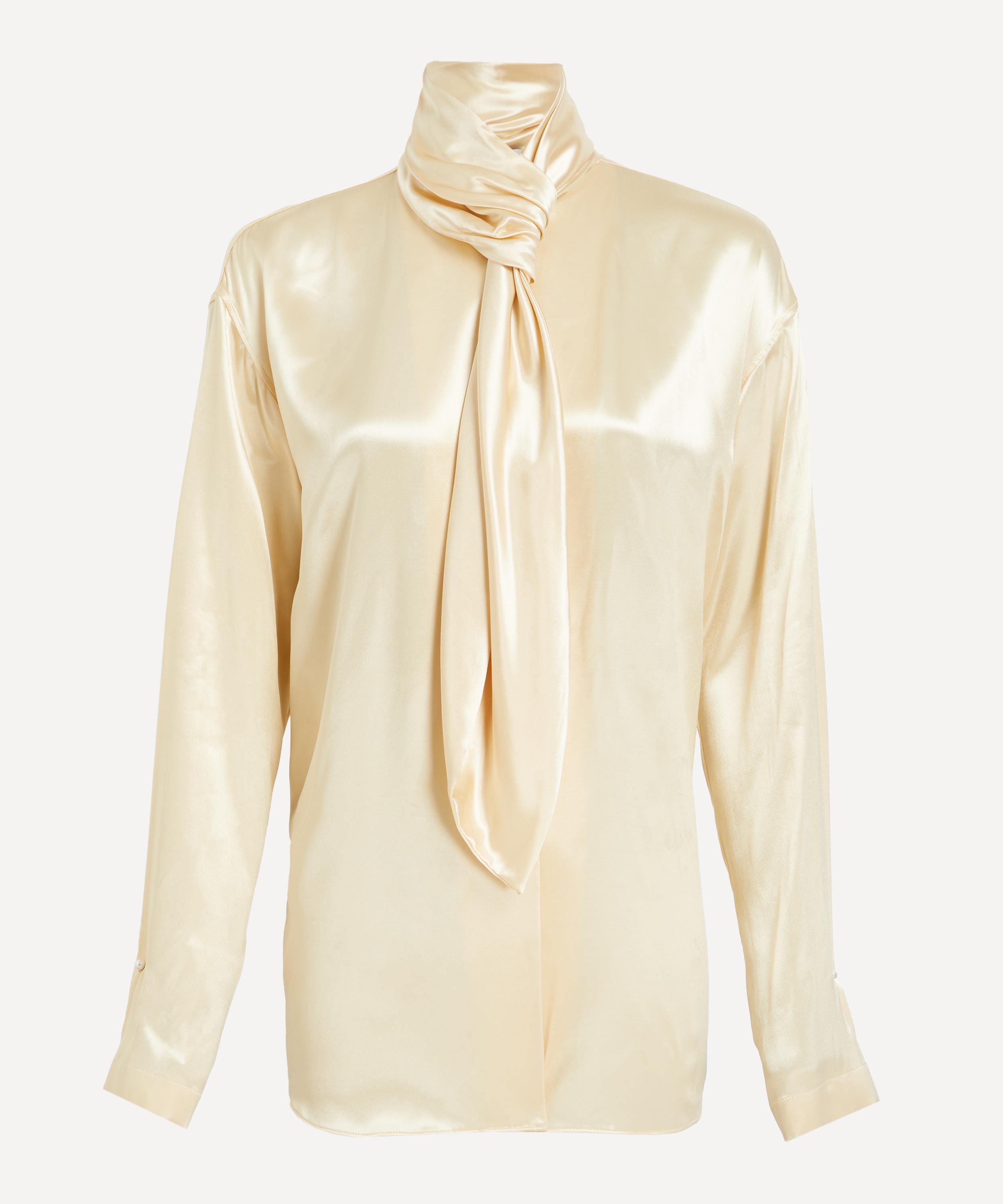 Alberta Ferretti Women's Cream Yellow Glossy Satin Shirt With Knot Tie