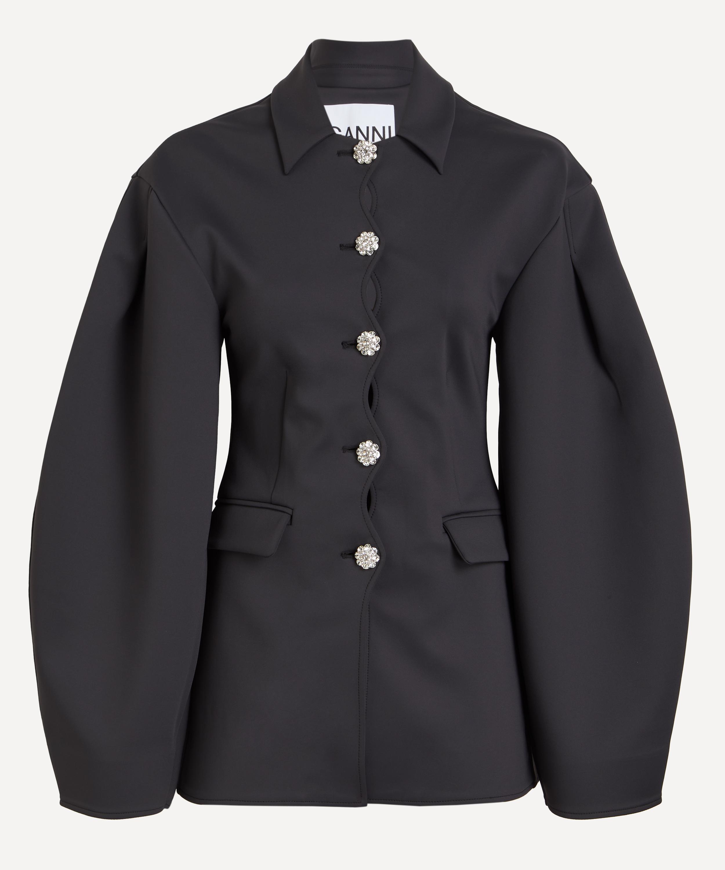 Ganni Womens Faux-crystal Buttons Puff-sleeve Scuba Blazer Phantom In Black