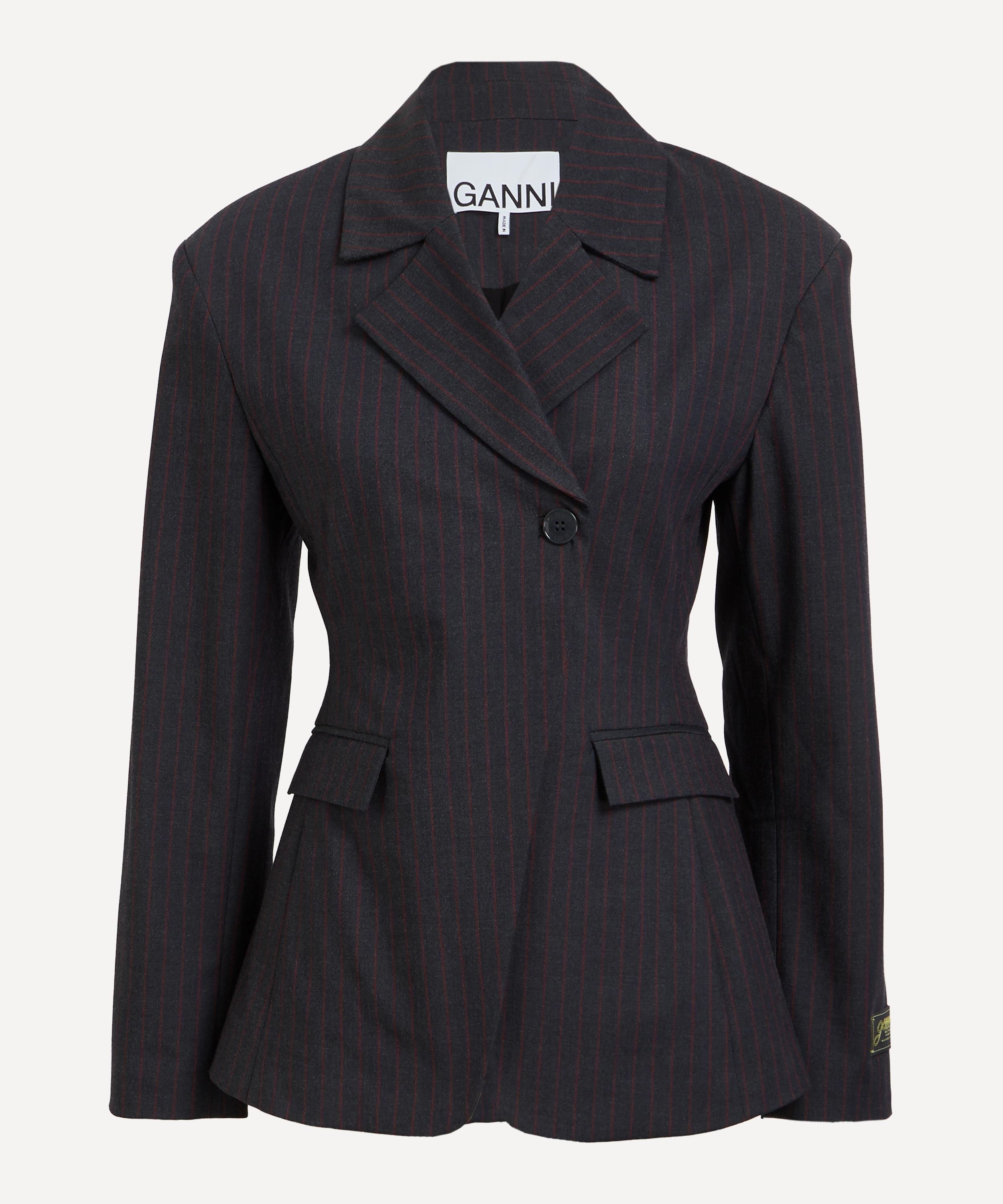 Ganni Womens Phantom Striped Single-breasted Woven Blazer In Black