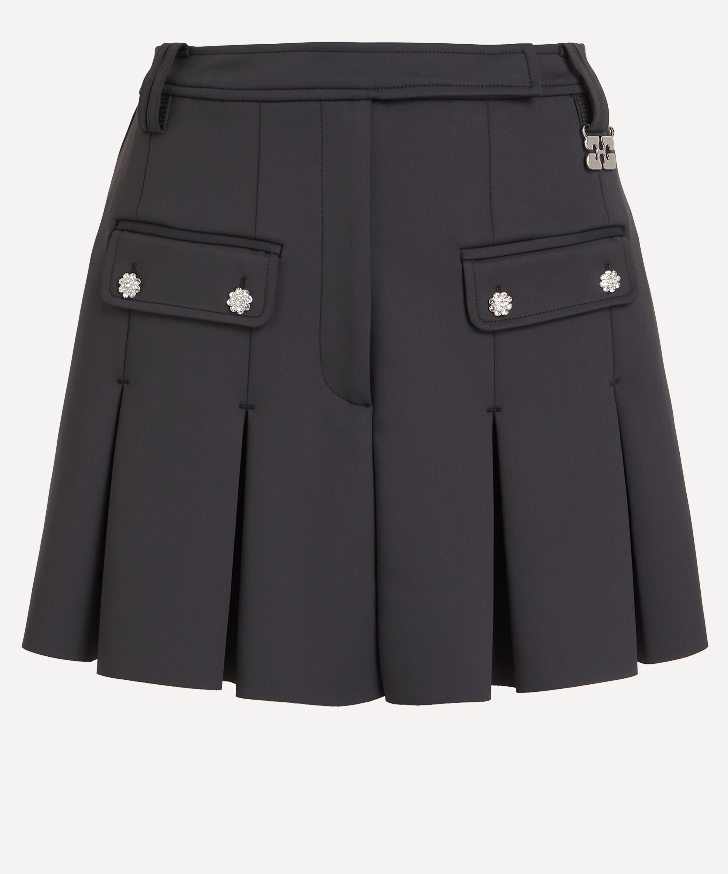 Ganni Womens Phantom Pleated Faux-crystal Buttons Scuba Mini Skirt In Black