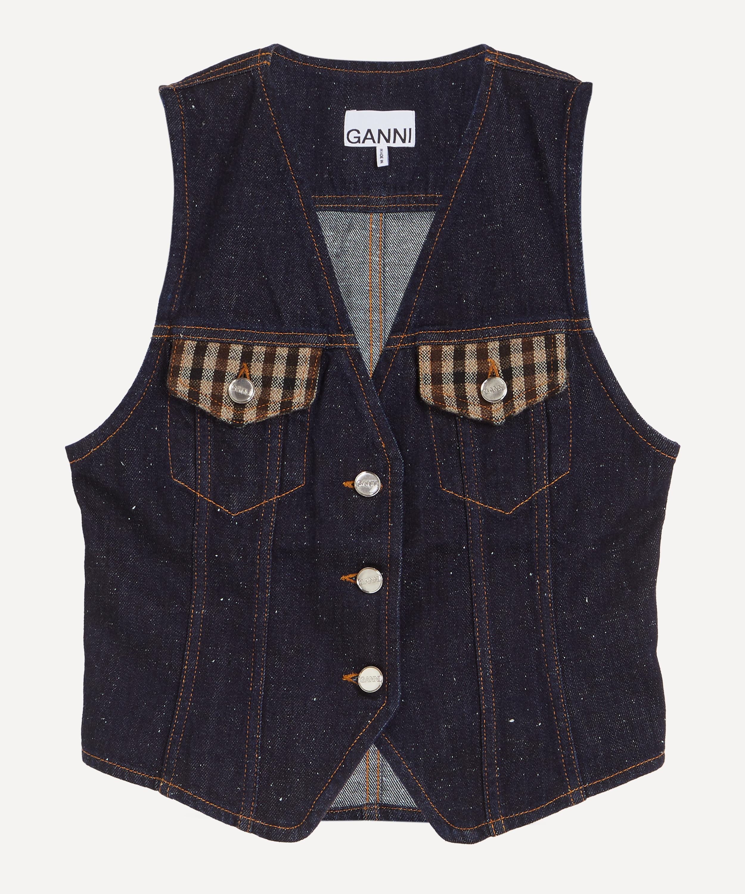 Ganni Neppy Checked Tweed-trimmed Organic Denim Vest In Gray
