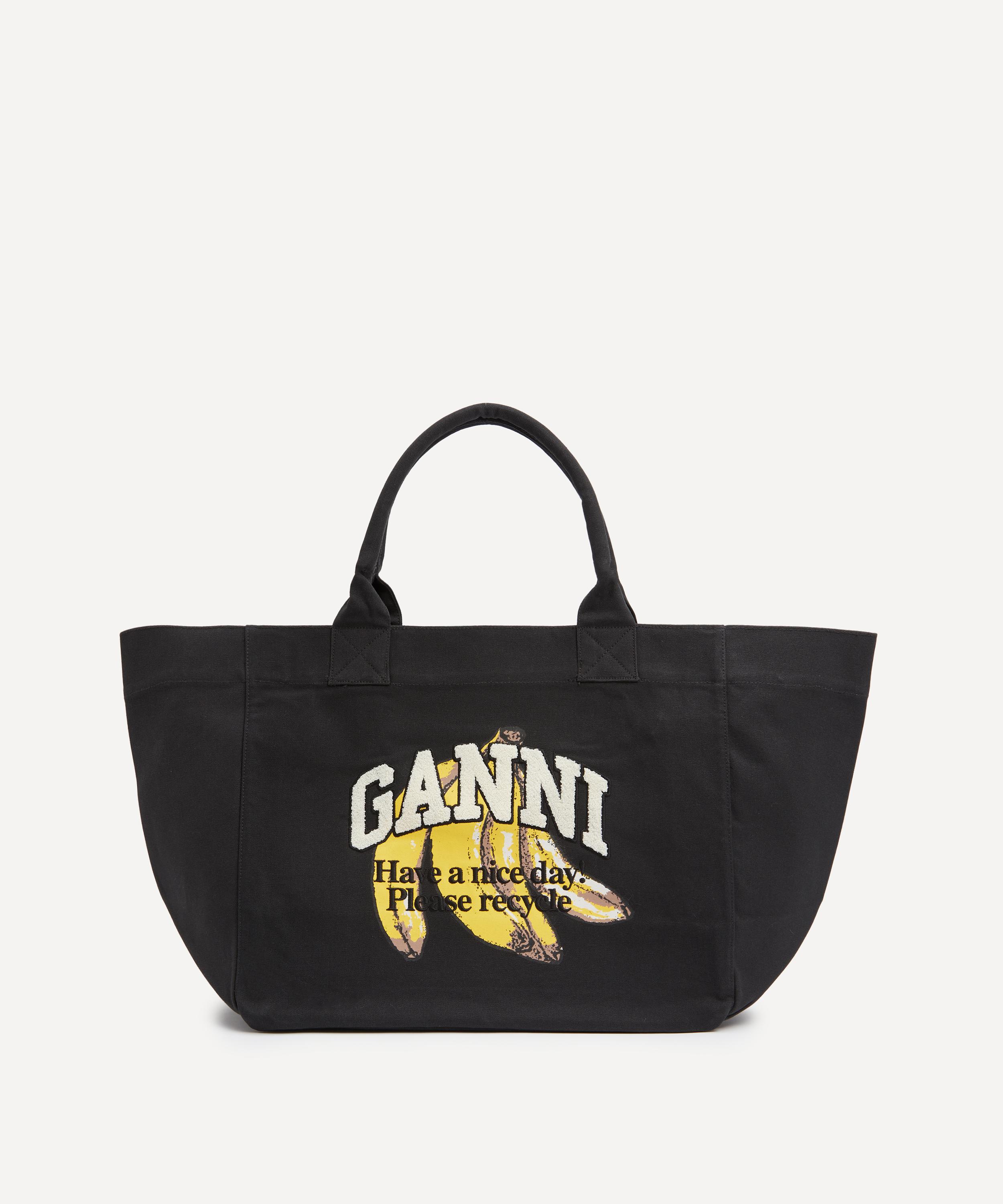 Ganni Banana Print Xxl Tote Bag With Spacious Interior In Black