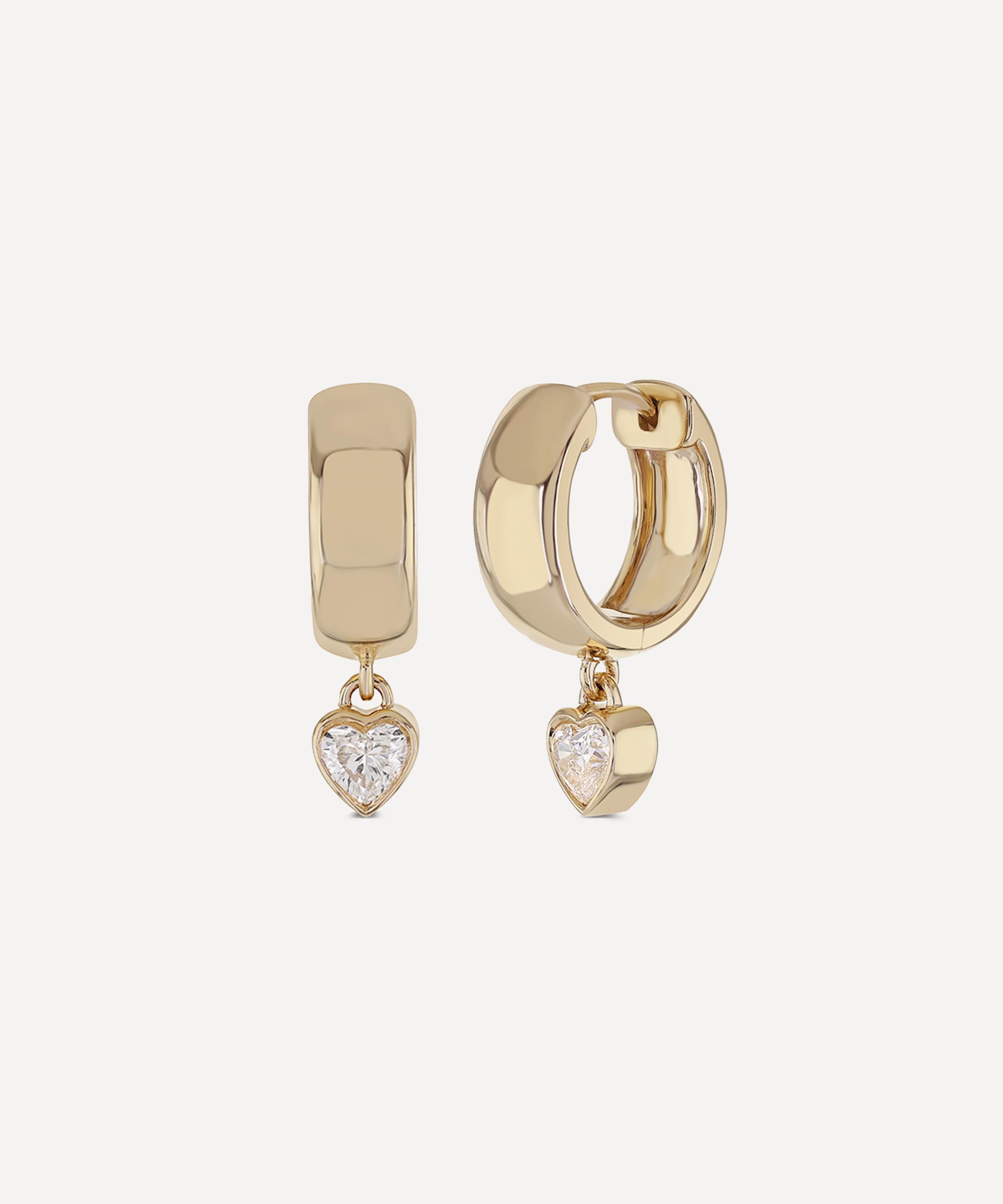 Roxanne First 14ct Gold Diamond Everyday Heart Drop Hoop Earrings