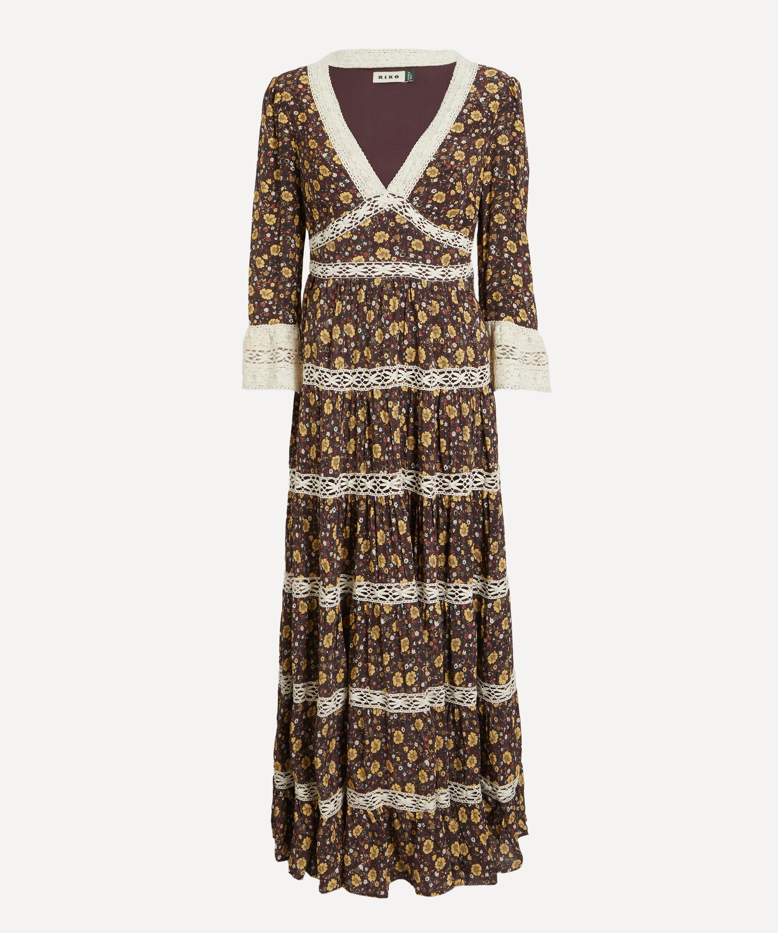RIXO Regine Eva Floral Brown Maxi Dress